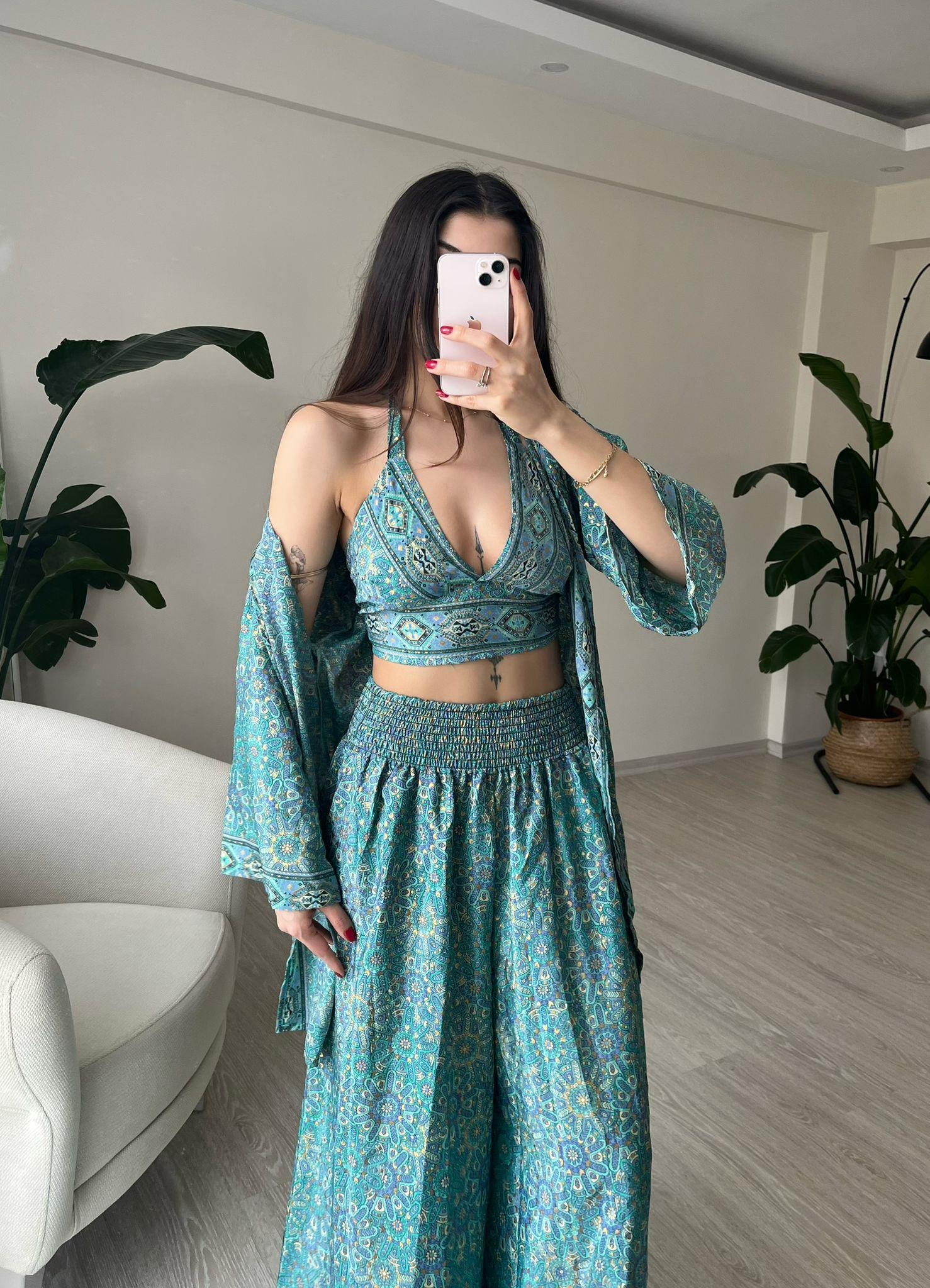 Mantra İpek Kimono Büstiyer Pantolon Üçlü Takım III