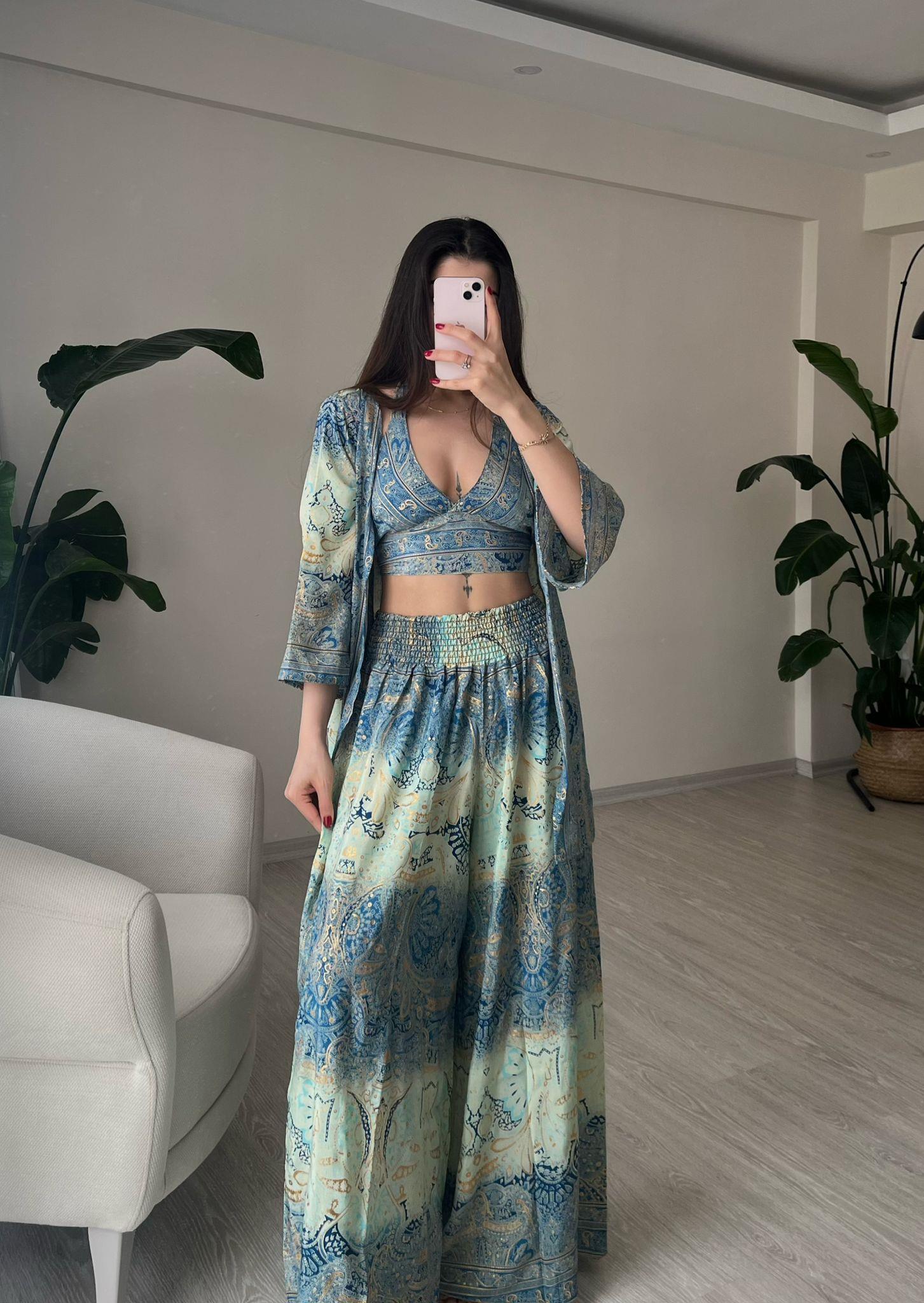 Mantra İpek Kimono Büstiyer Pantolon Üçlü Takım