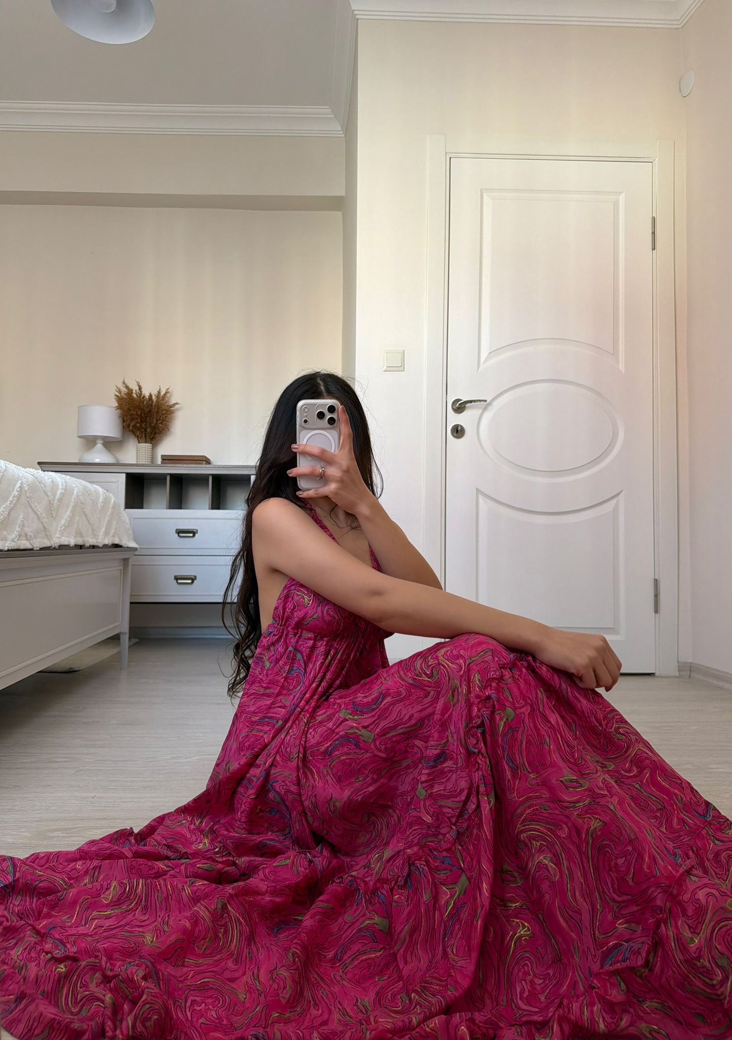 Marais Sırt Dekolteli Etnik Desen İpek Elbise Pembe