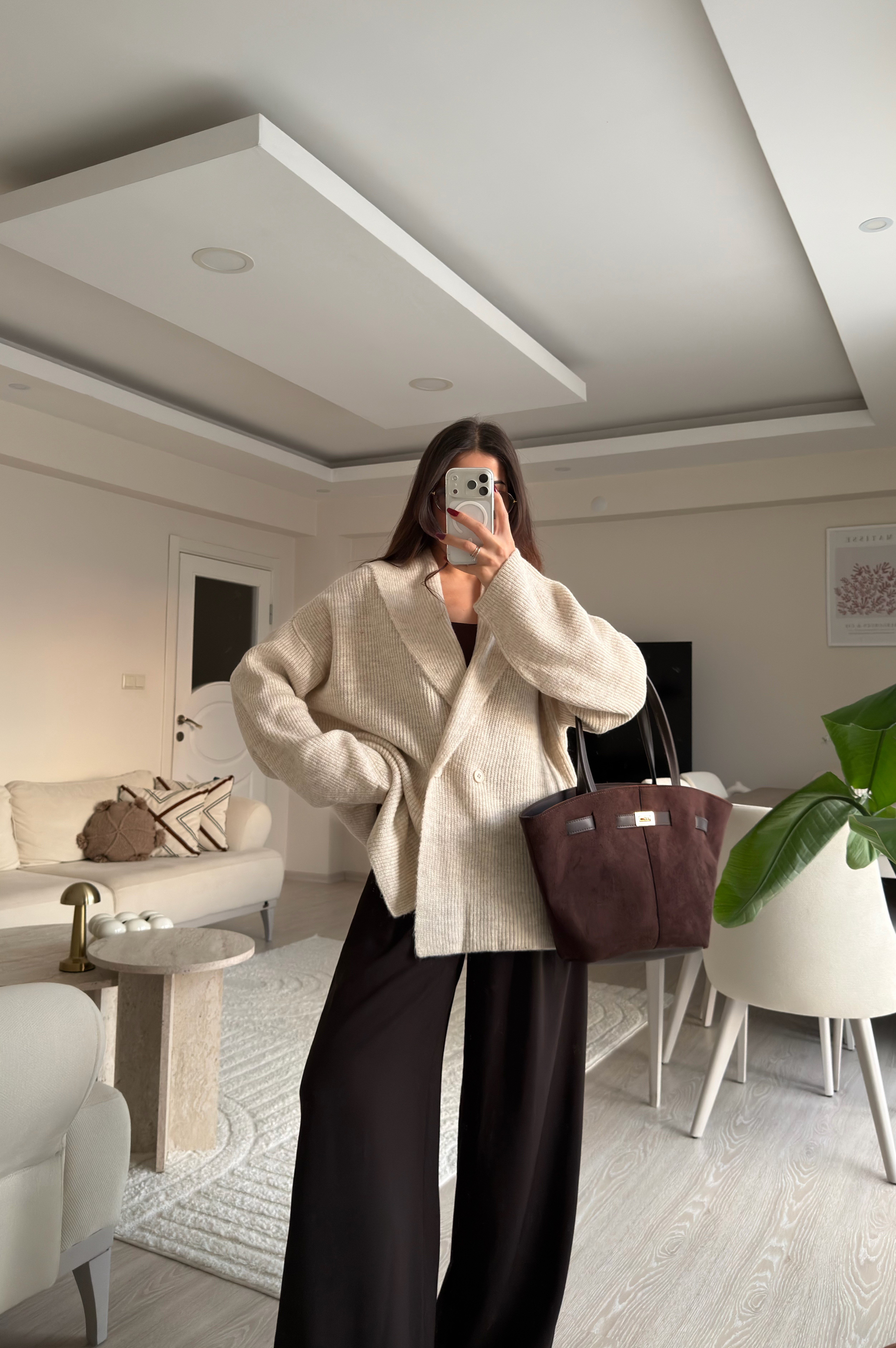 Marlo Şal Yaka Düğmeli Triko Hırka Ekru