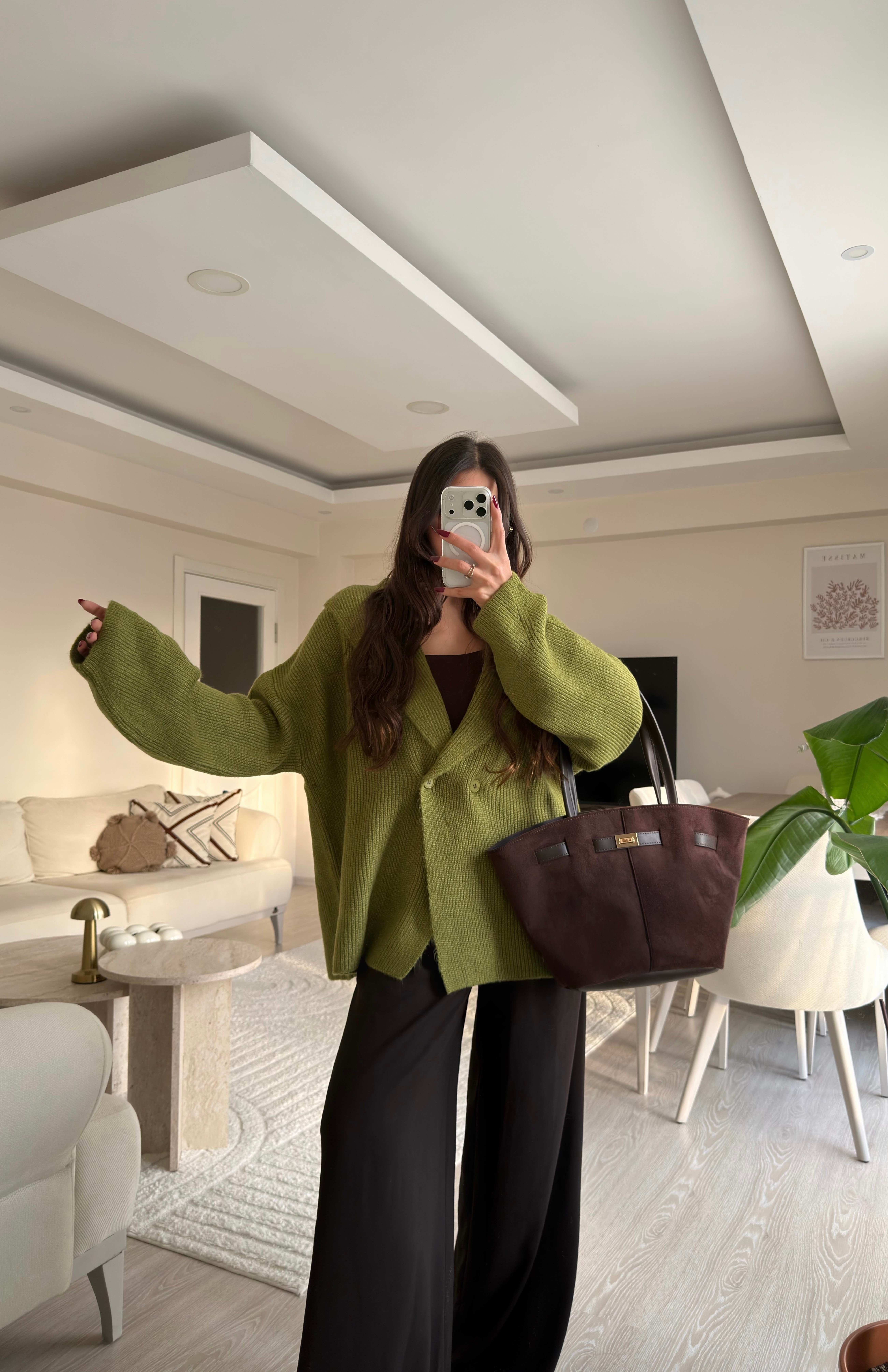 Marlo Şal Yaka Düğmeli Triko Hırka Yağ Yeşili