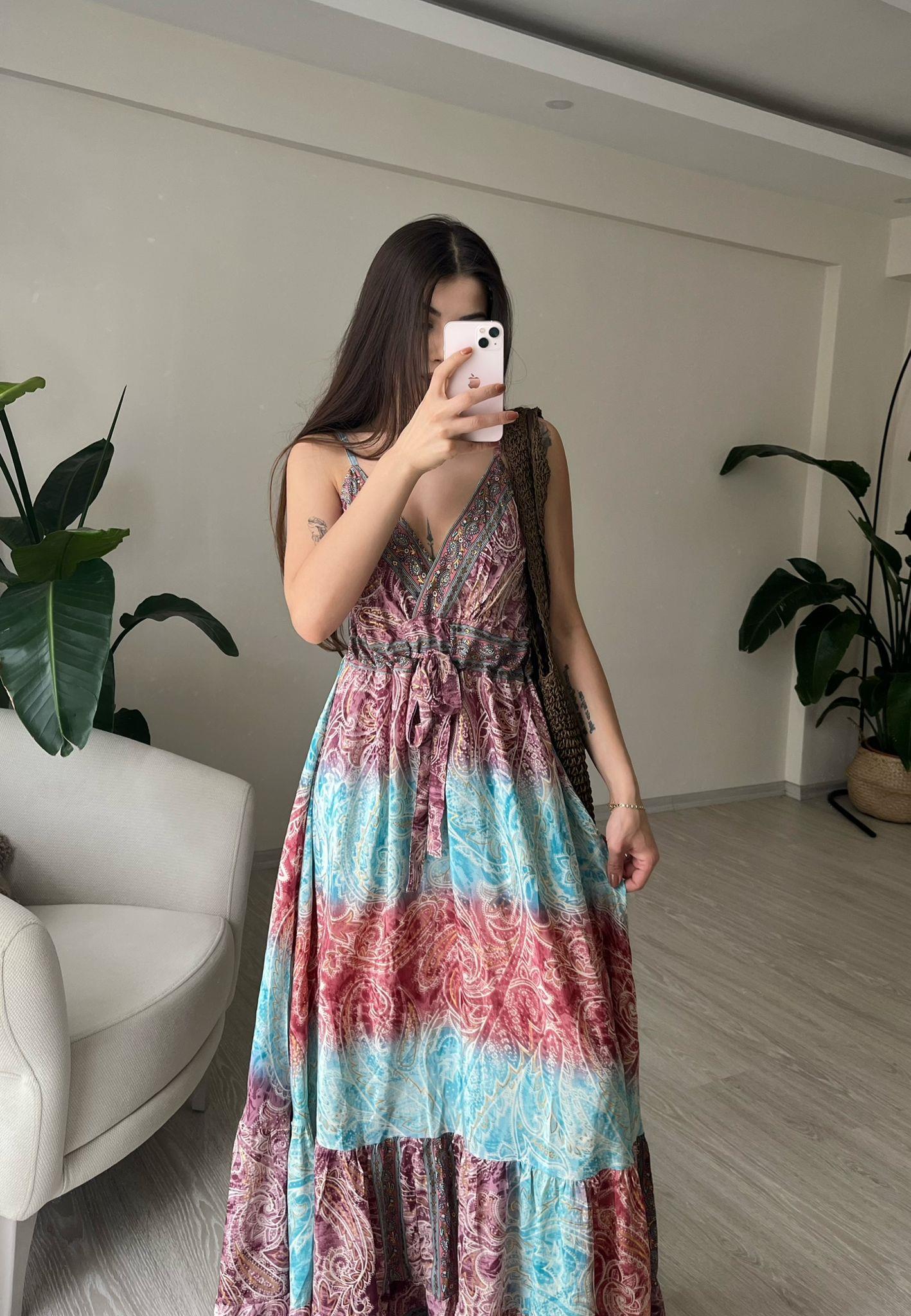 Milas Gipeli Etnik Desen İpek Elbise