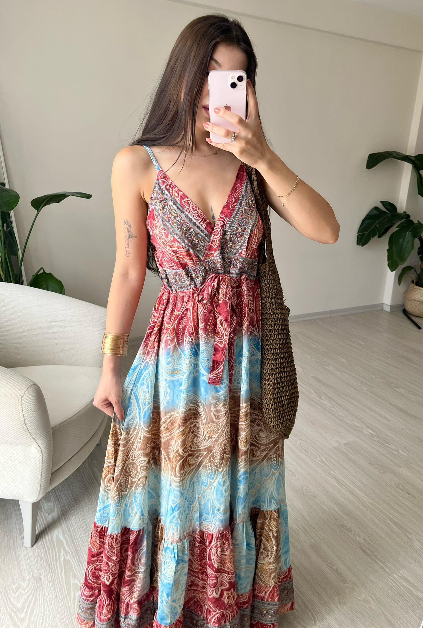 Milas Gipeli Etnik Desen İpek Elbise X