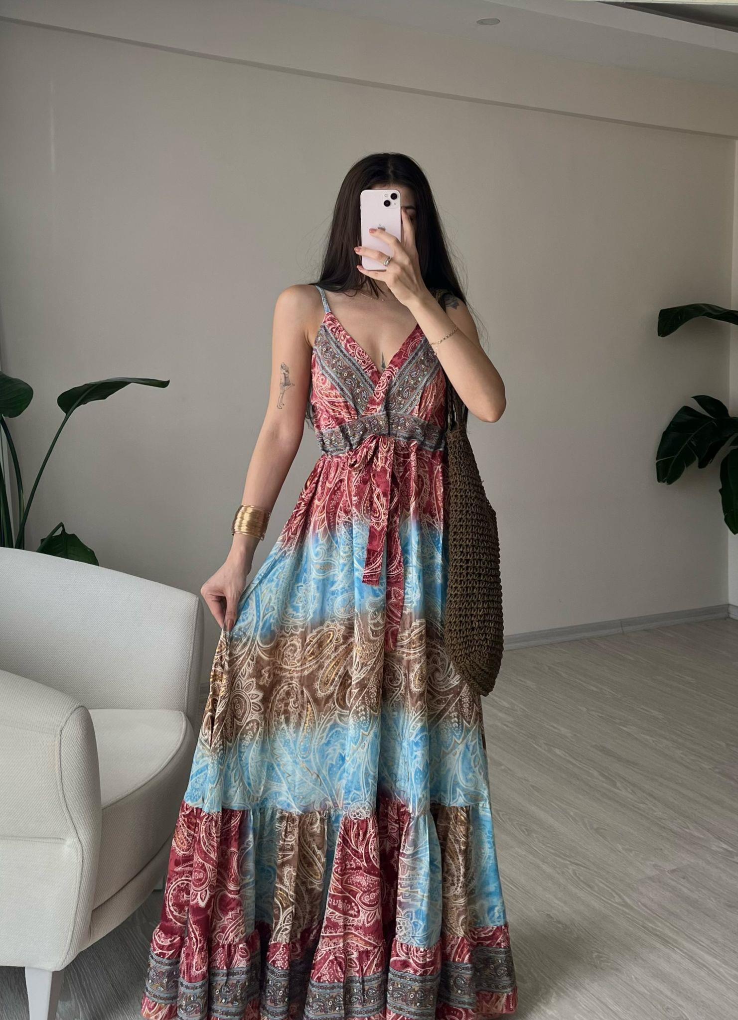 Milas Gipeli Etnik Desen İpek Elbise X