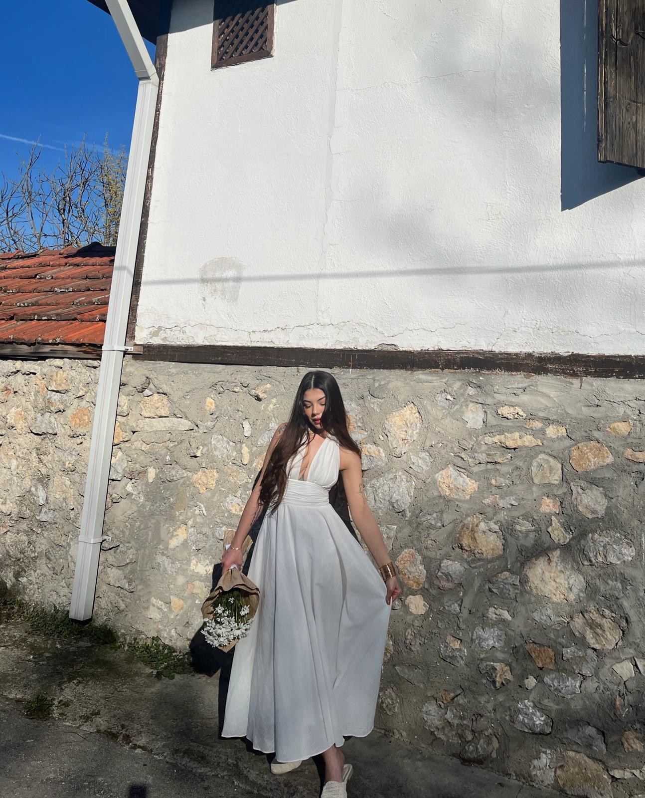 Monroe Boyundan Bağlamalı Keten Beyaz Elbise