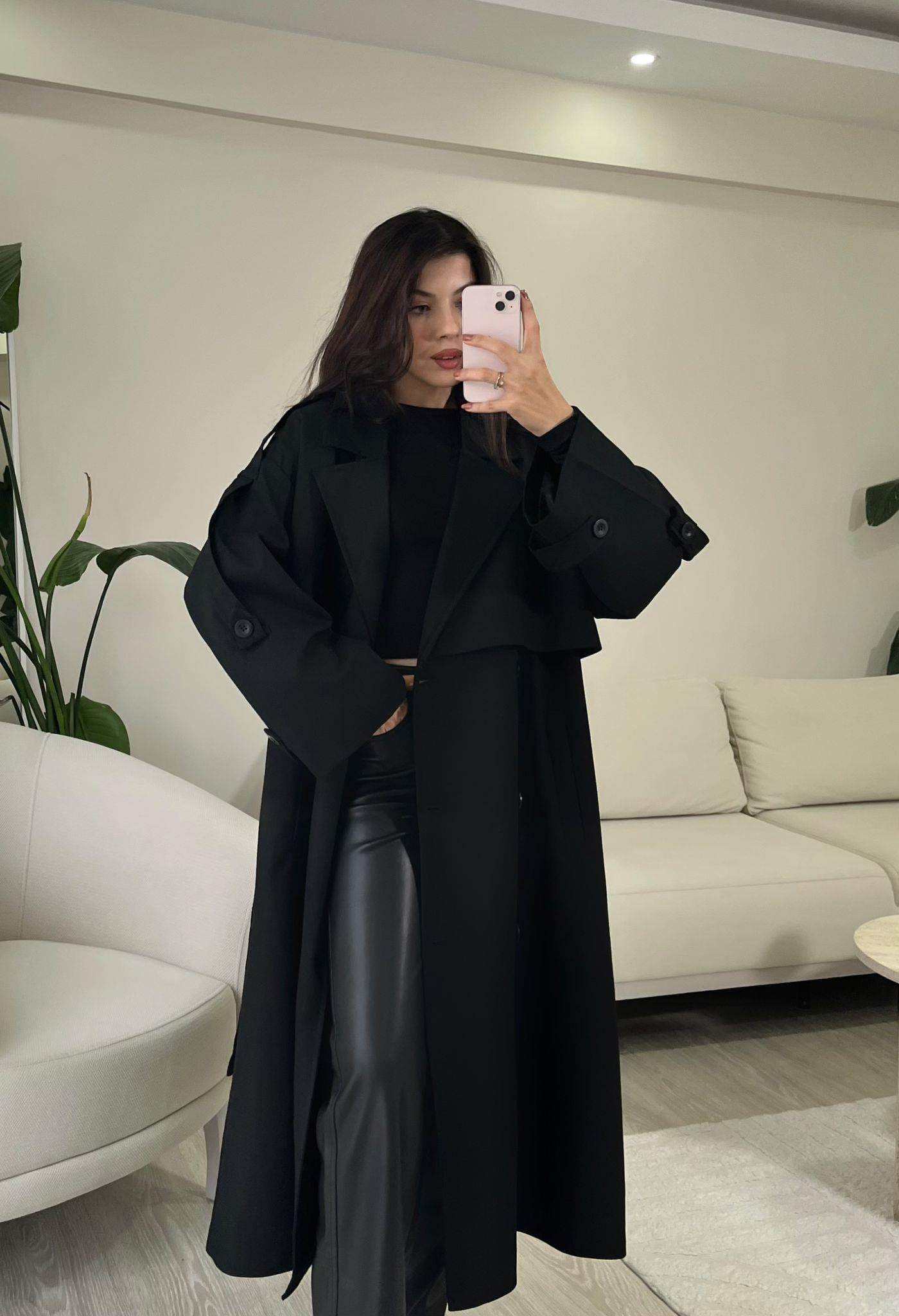 Noir Premium Oversize Poliviskon Trençkot Siyah