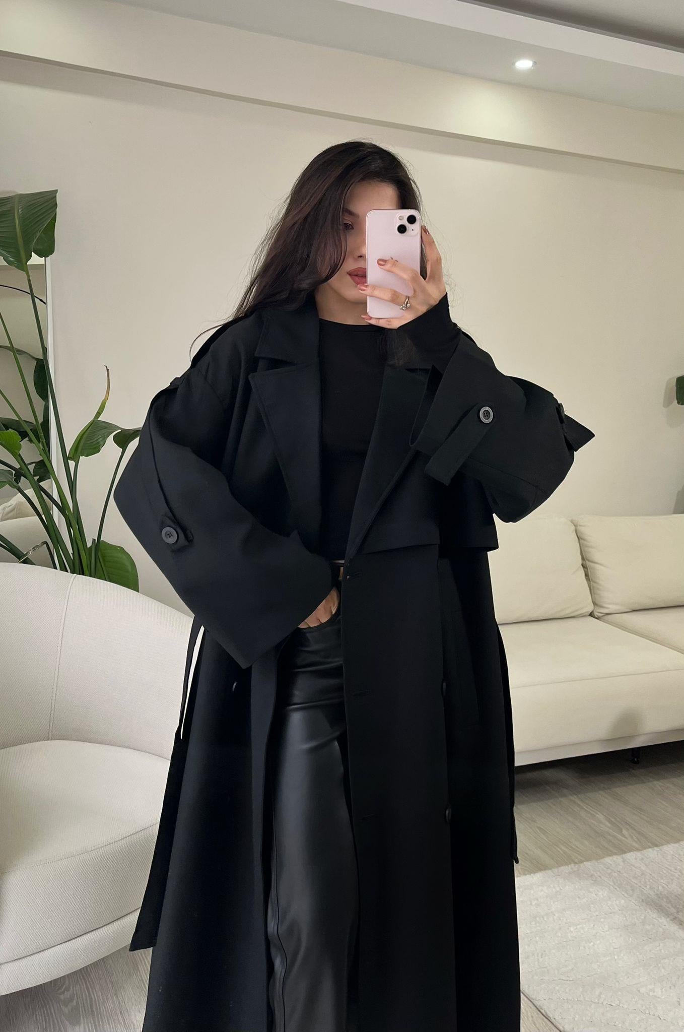Noir Premium Oversize Poliviskon Trençkot Siyah
