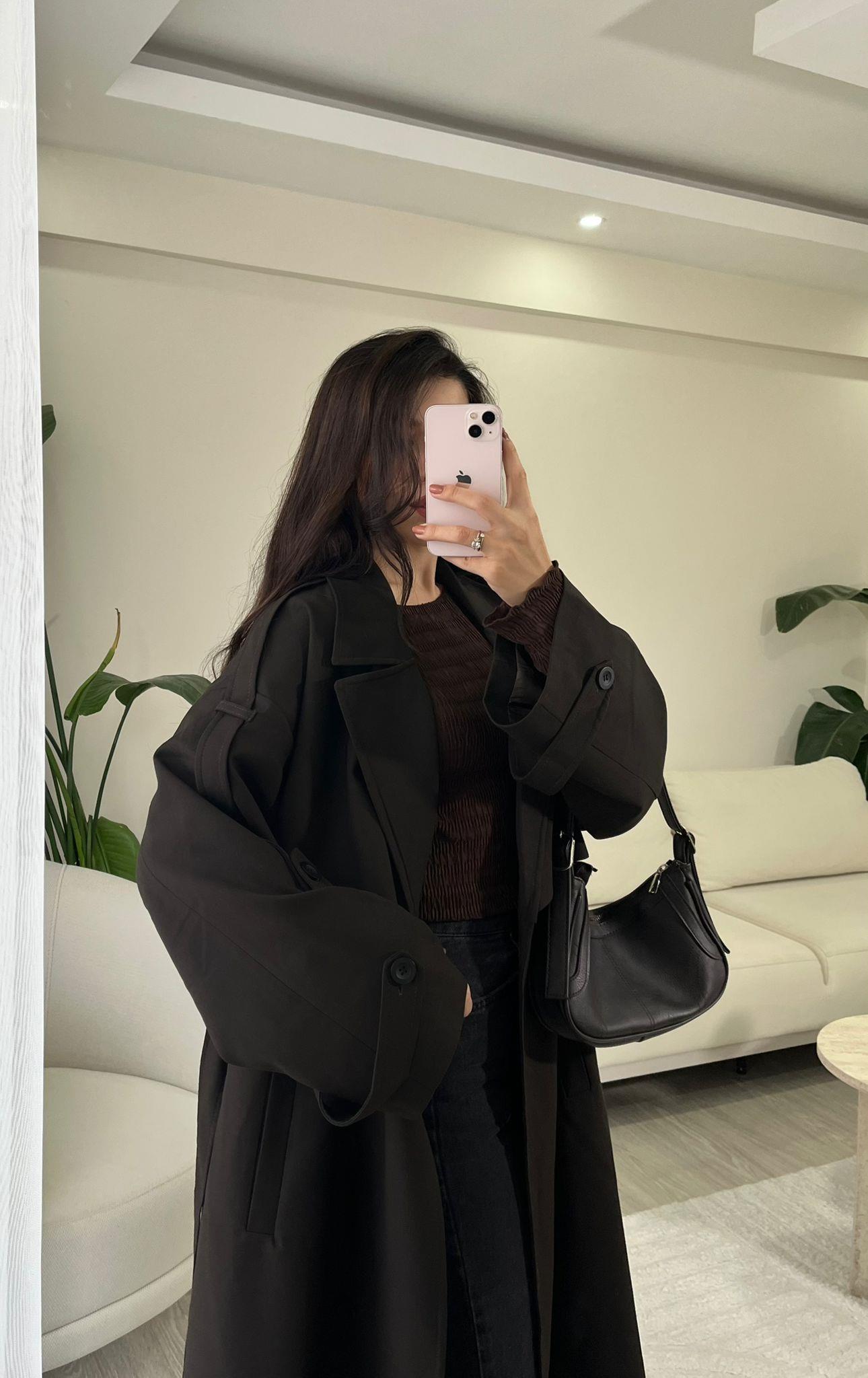 Noir Premium Oversize Poliviskon Trençkot Acı Kahve