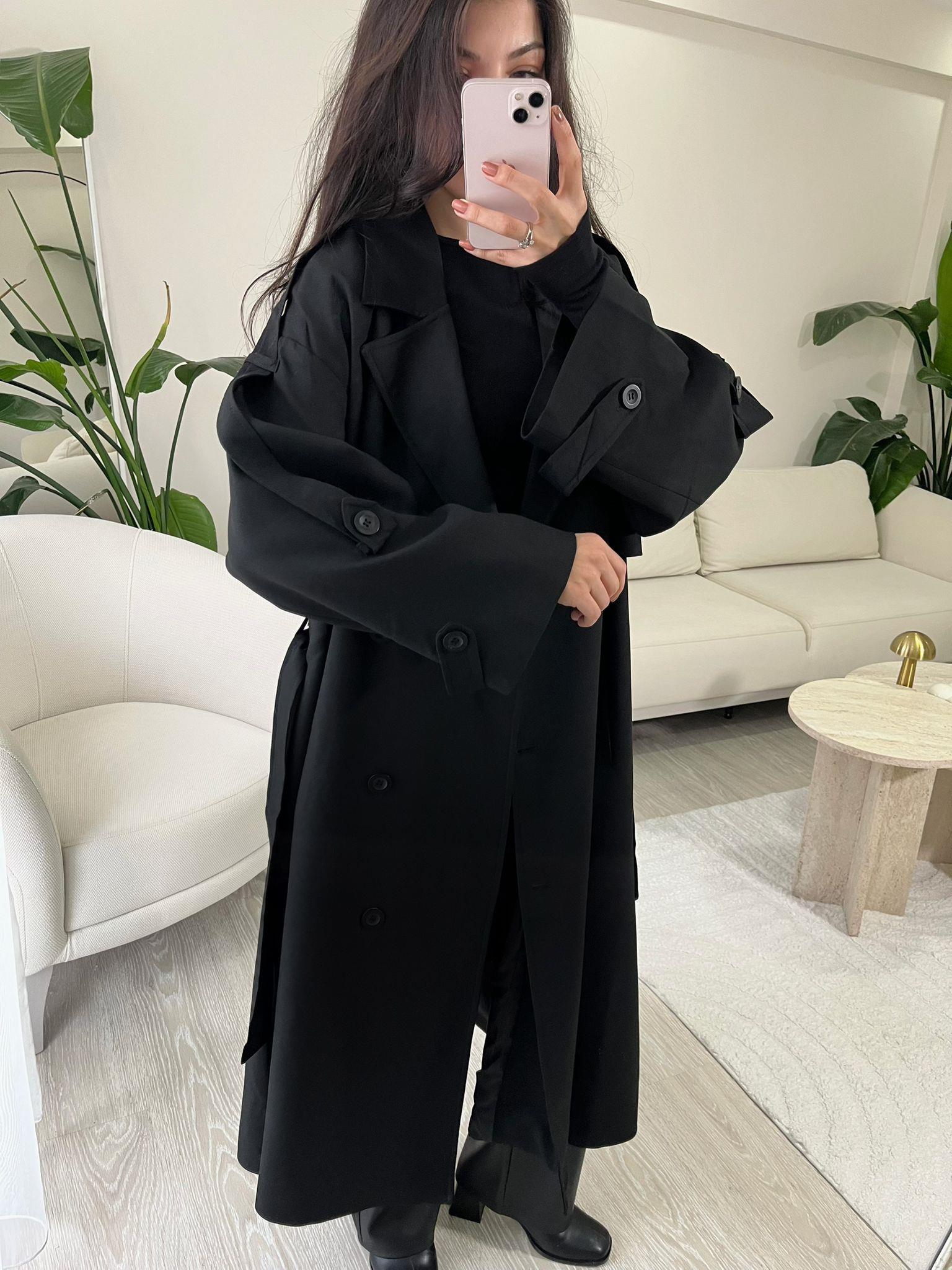 Noir Premium Oversize Poliviskon Trençkot Siyah