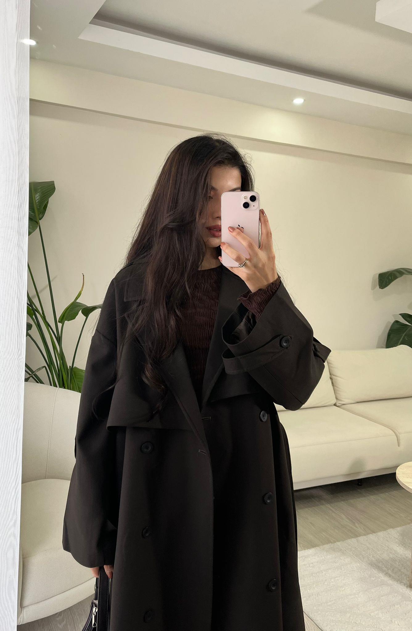 Noir Premium Oversize Poliviskon Trençkot Acı Kahve