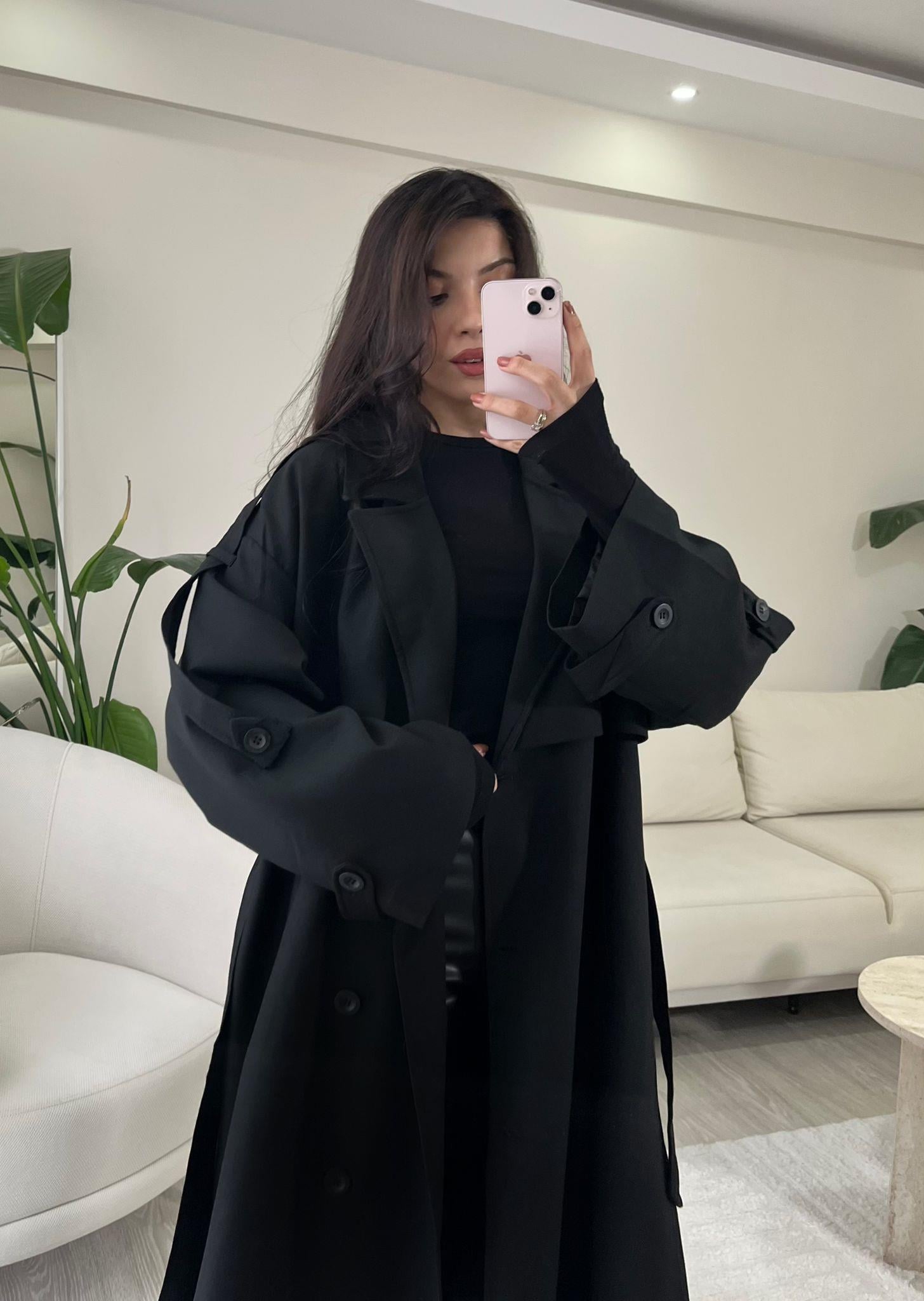 Noir Premium Oversize Poliviskon Trençkot Siyah