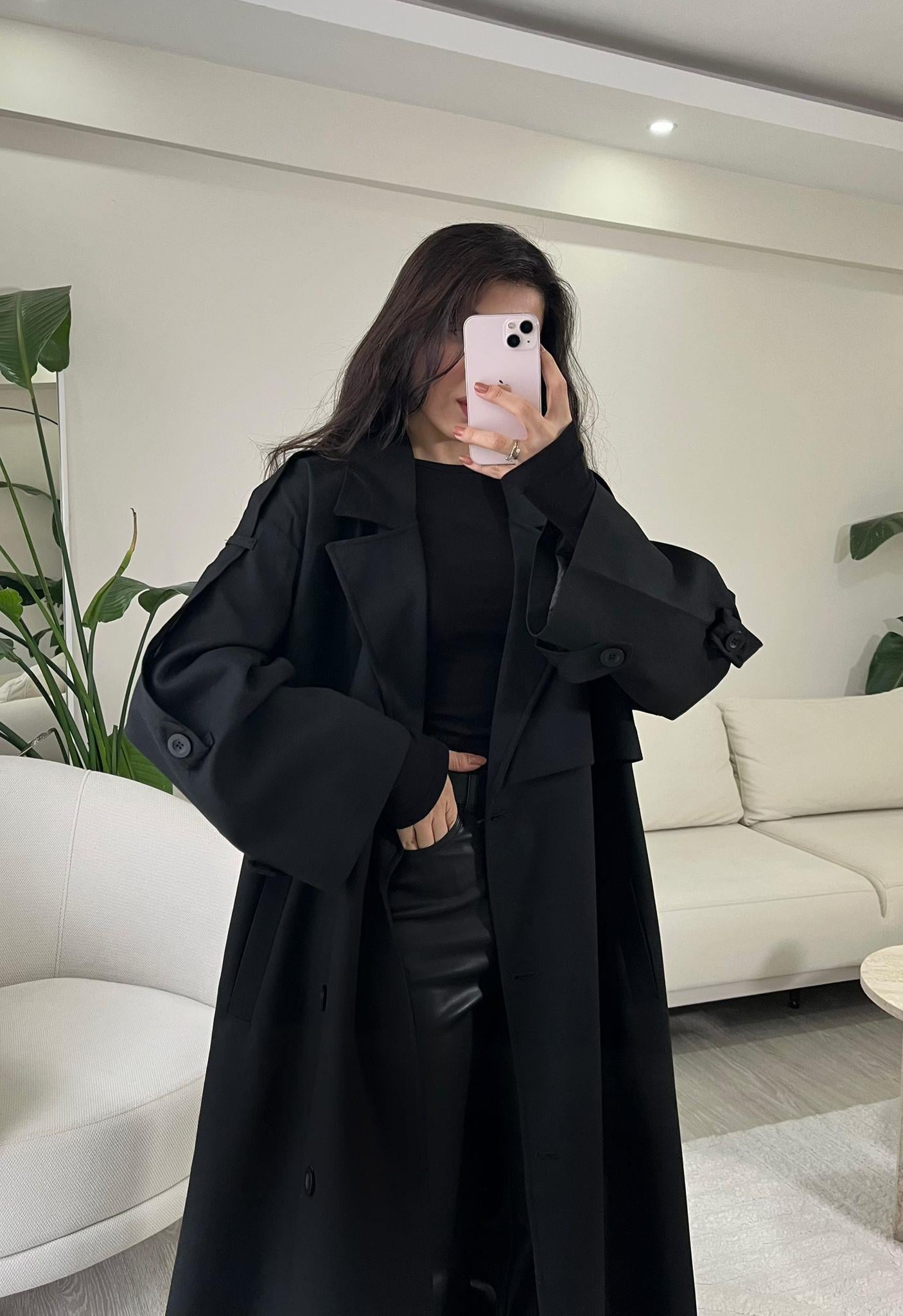 Noir Premium Oversize Poliviskon Trençkot Siyah
