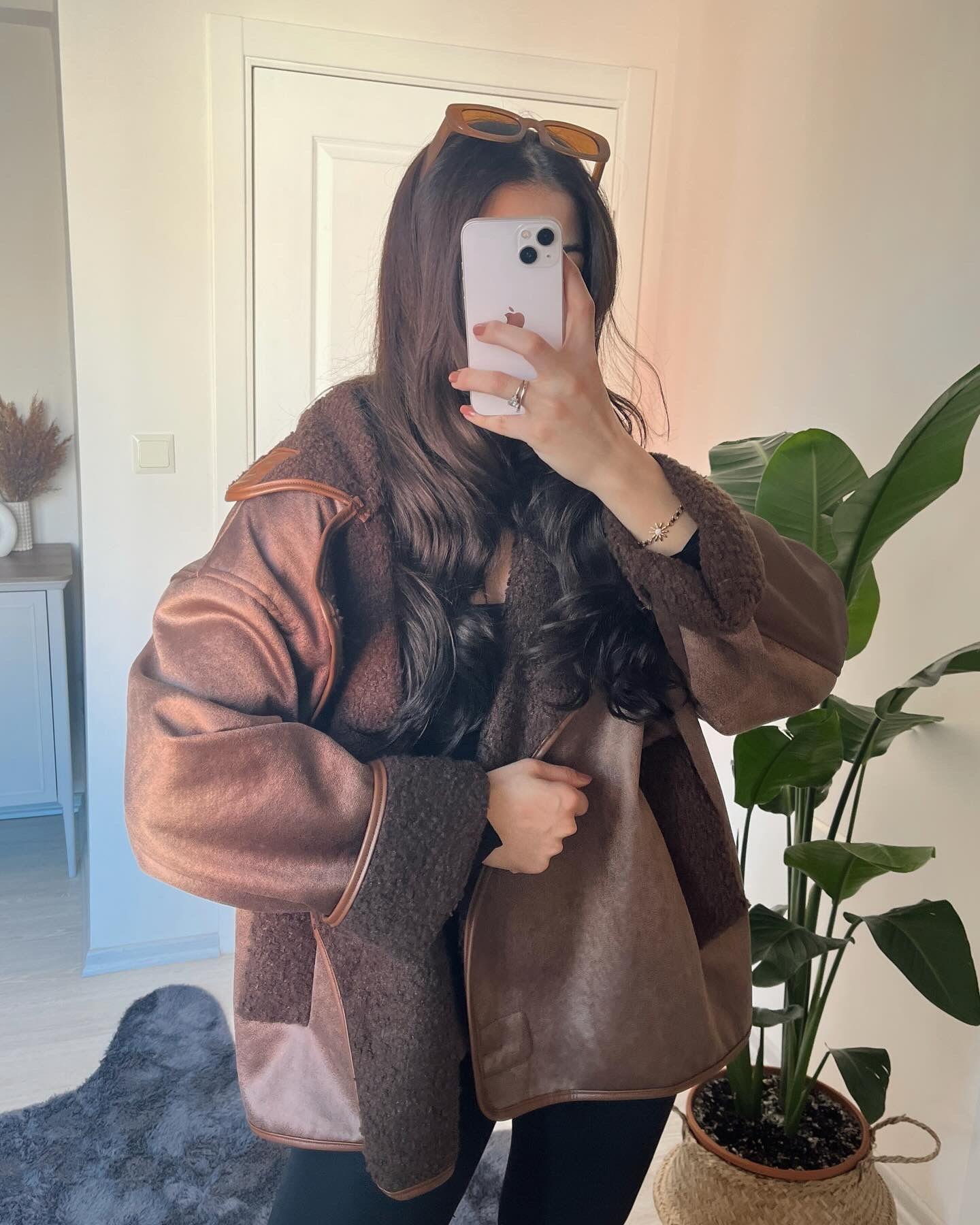 Nora Kıvırcık Kürklü Oversize Kahverengi Ceket