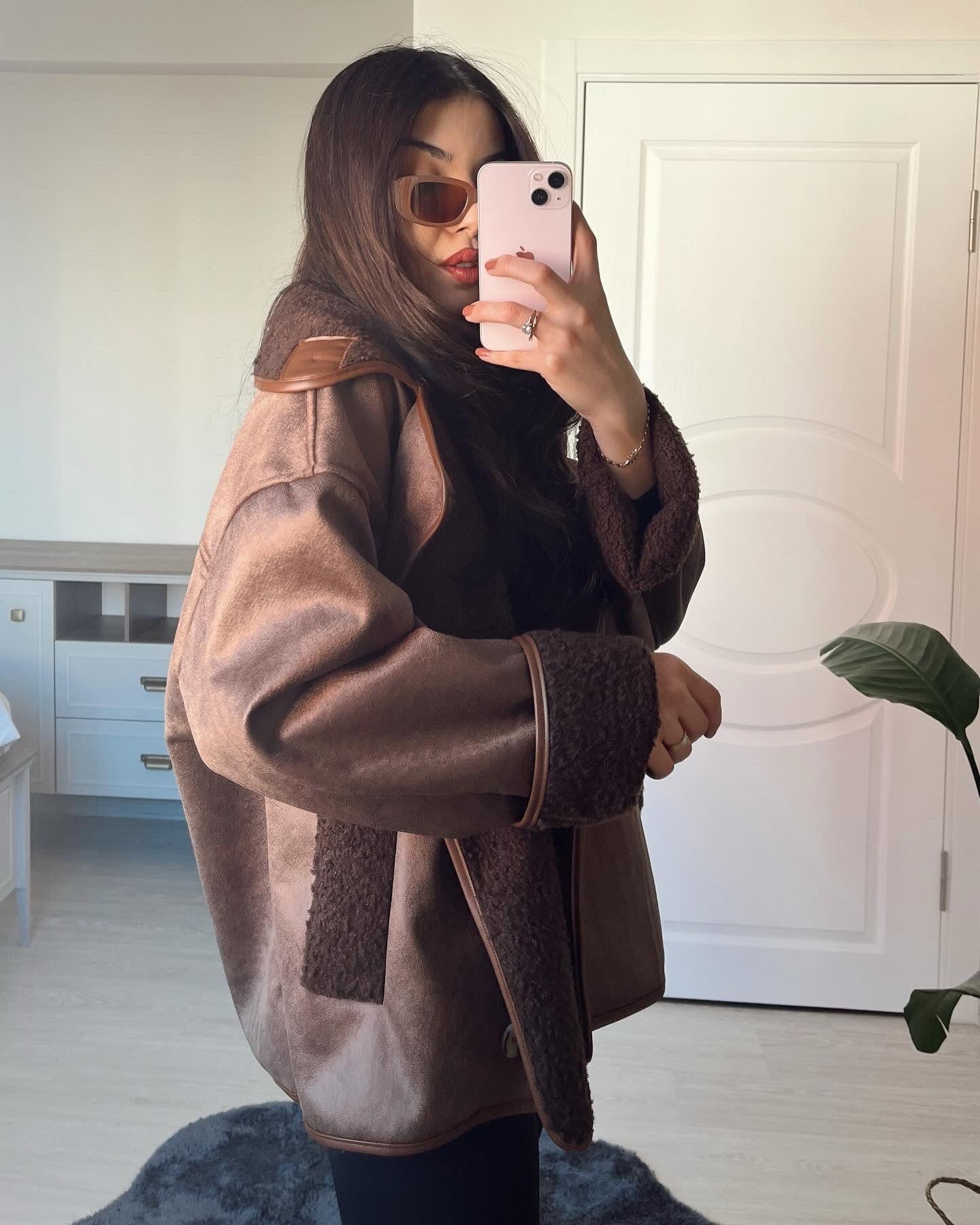 Nora Kıvırcık Kürklü Oversize Kahverengi Ceket