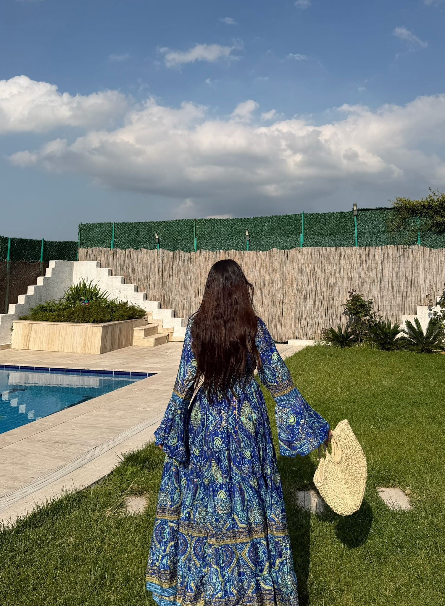 Paloma Etnik Desen İspanyol Kol Bohem Uzun Elbise Mavi