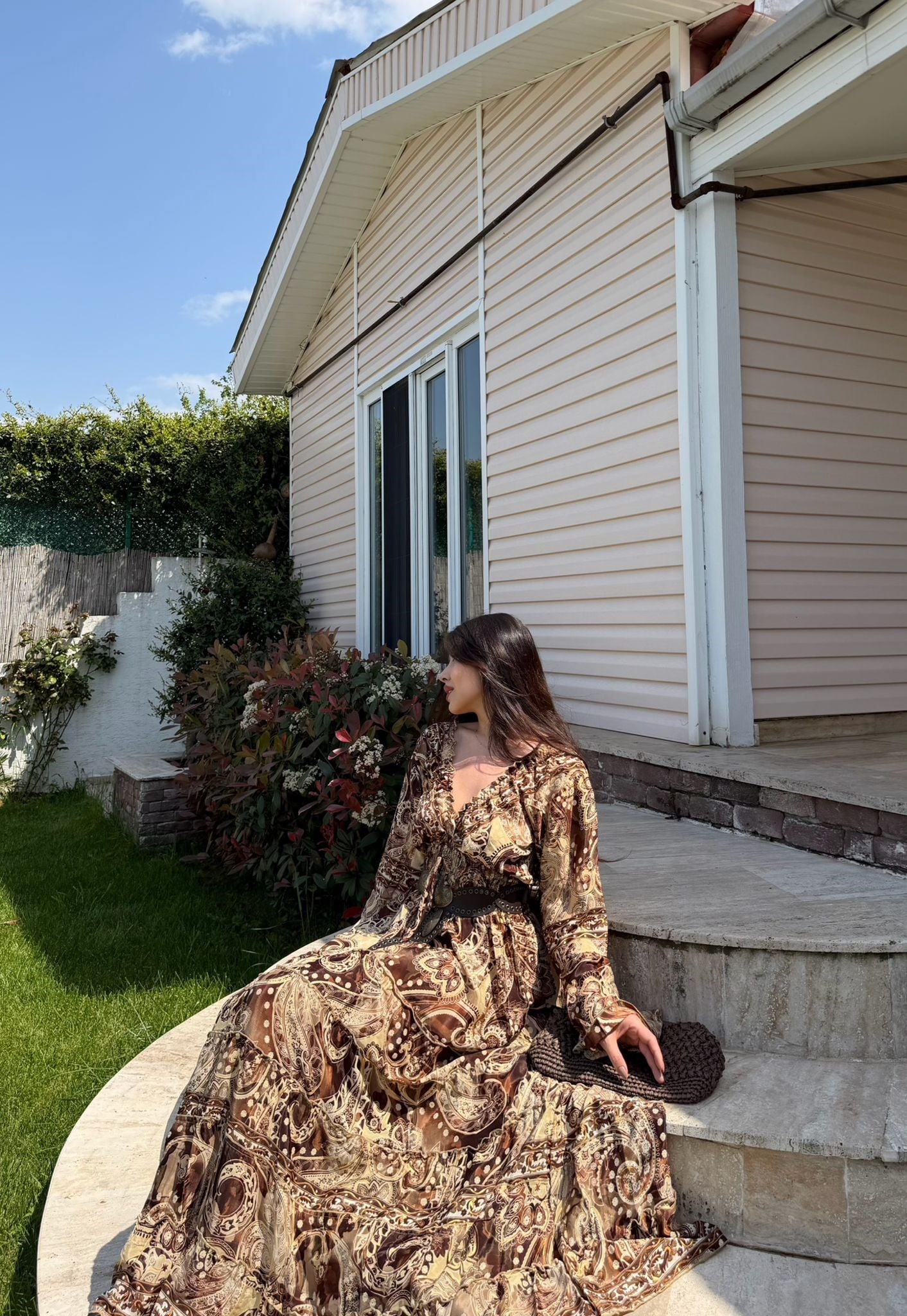 Paloma Etnik Desen İspanyol Kol Bohem Uzun Elbise Kahve