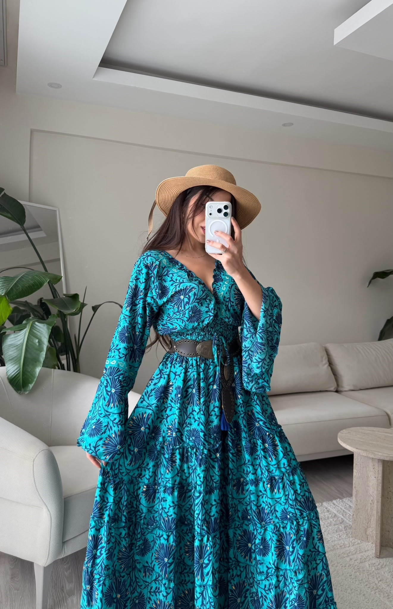 Paloma Etnik Desen İspanyol Kol Bohem Uzun Elbise Mavi II