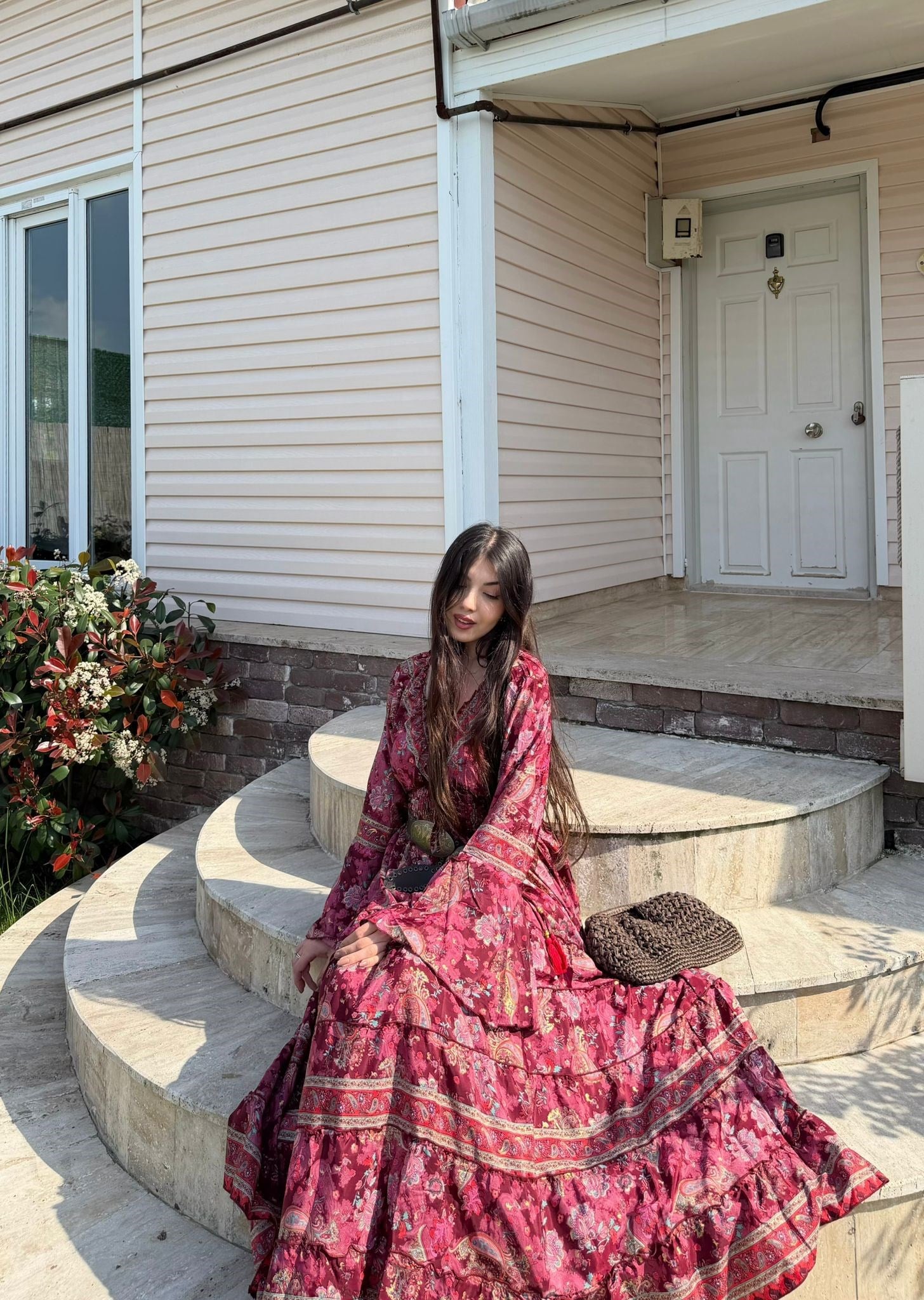 Paloma Etnik Desen İspanyol Kol Bohem Uzun Elbise Bordo