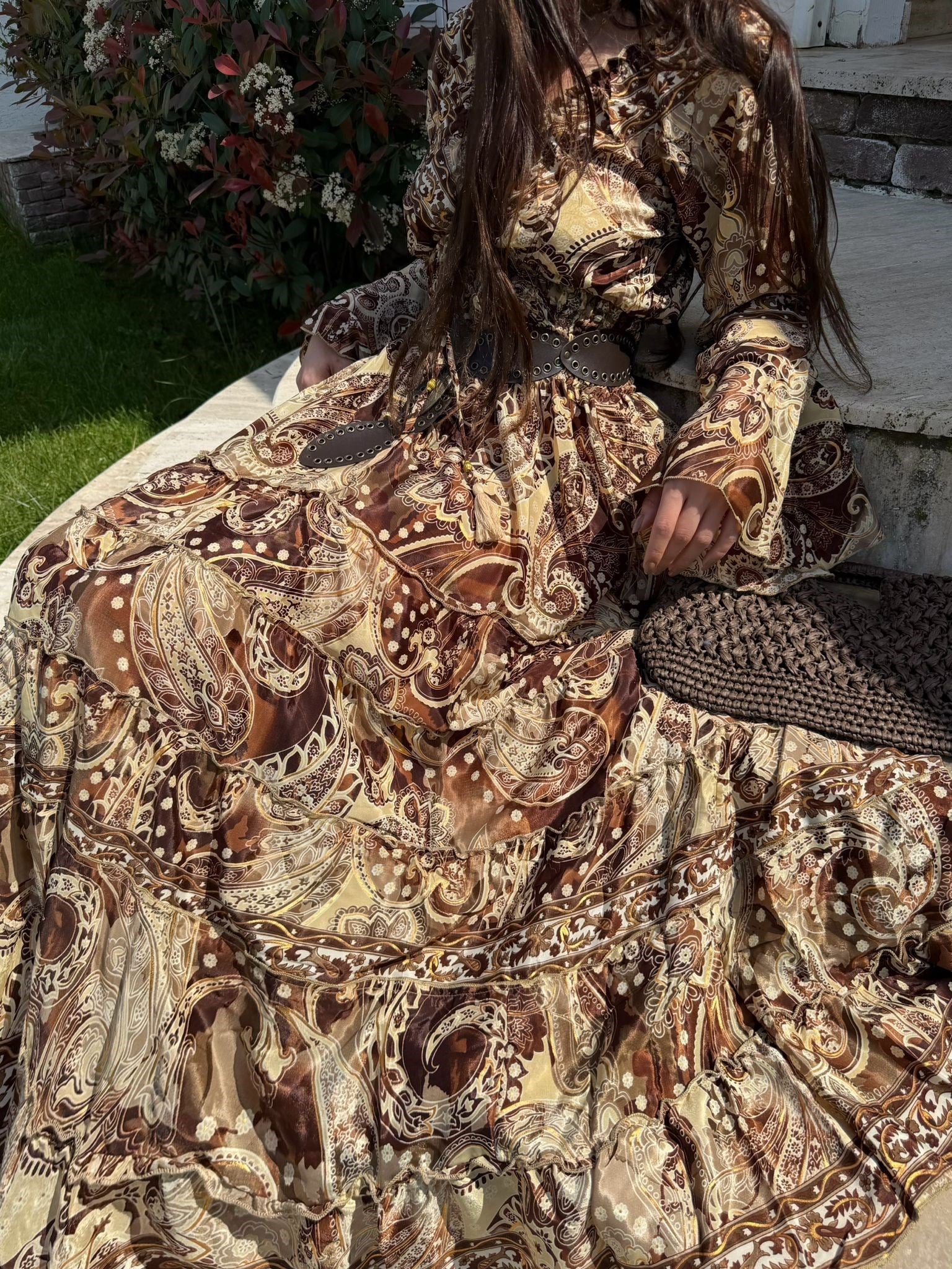 Paloma Etnik Desen İspanyol Kol Bohem Uzun Elbise Kahve