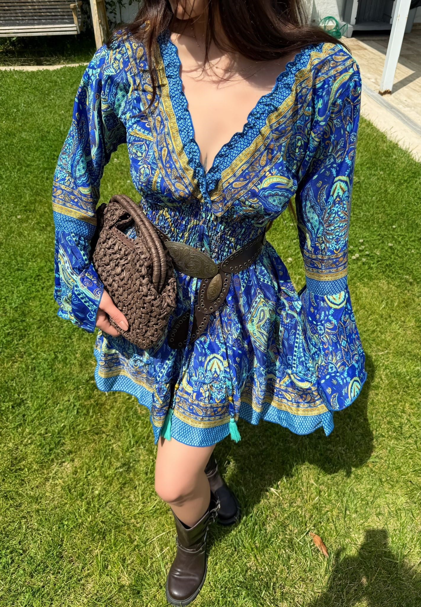 Paloma Etnik Desen İspanyol Kol Bohem Mini Elbise Mavi