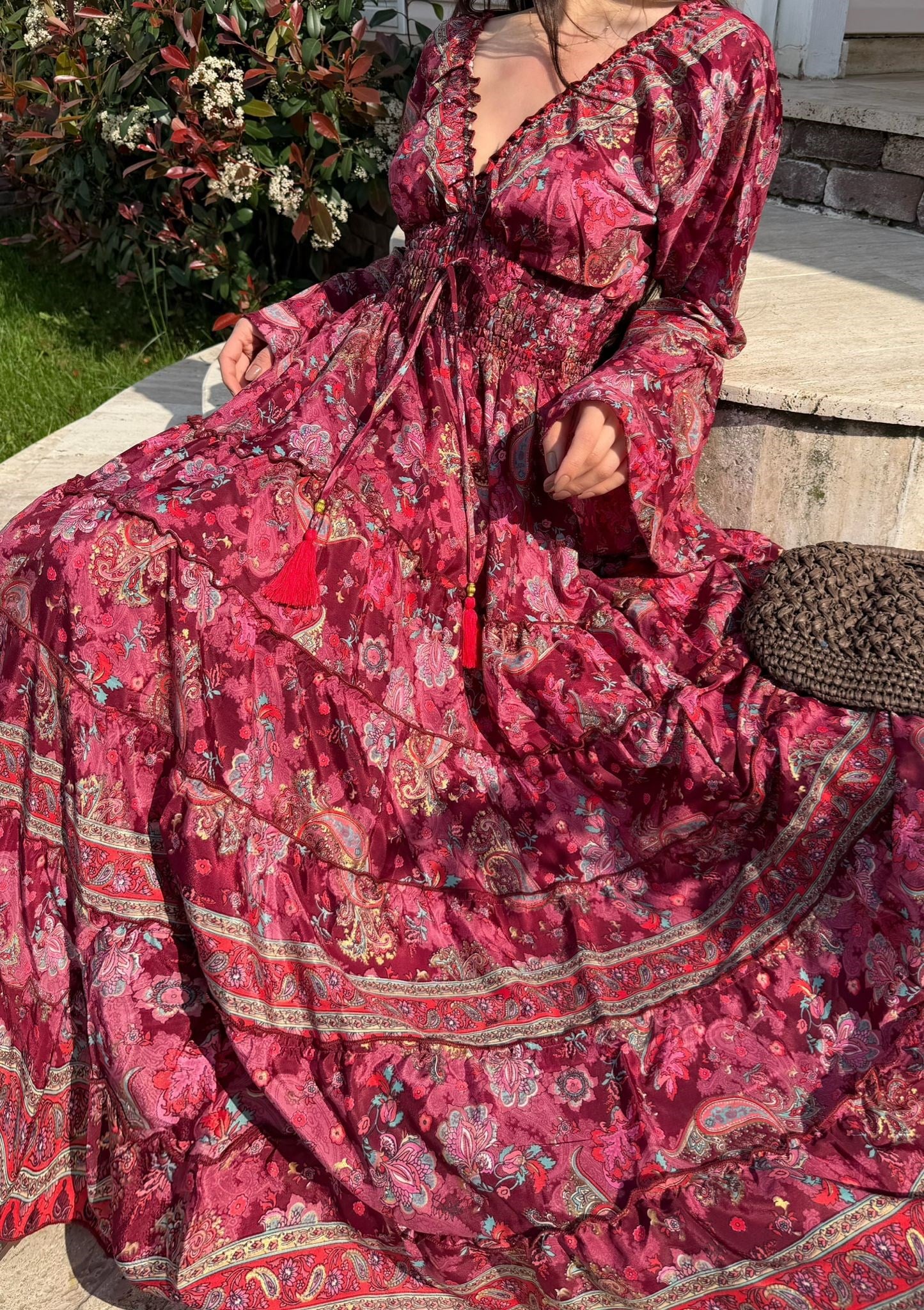 Paloma Etnik Desen İspanyol Kol Bohem Uzun Elbise Bordo