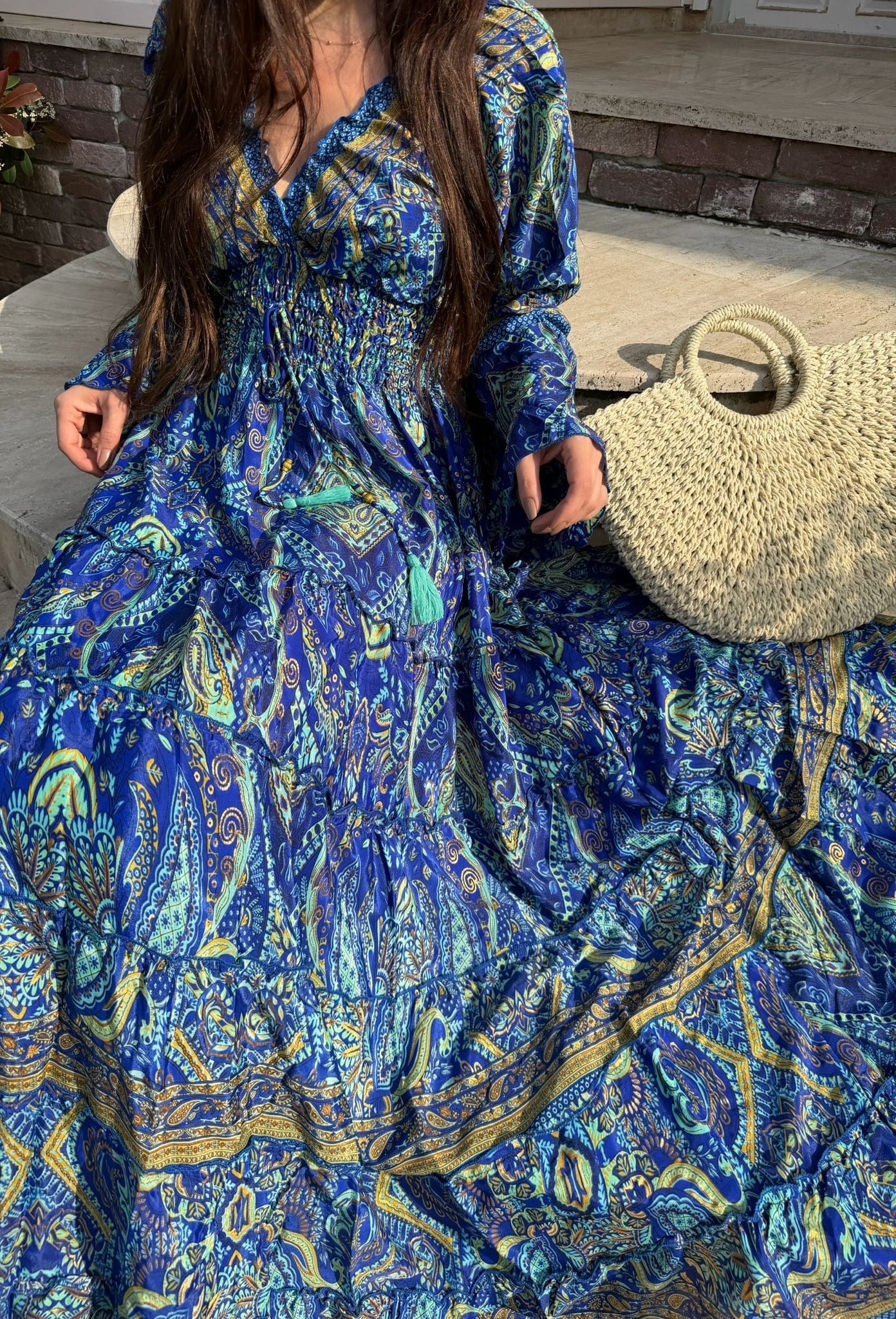 Paloma Etnik Desen İspanyol Kol Bohem Uzun Elbise Mavi