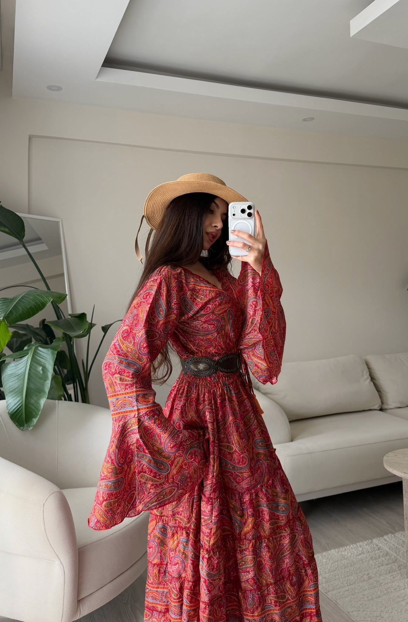 Paloma Etnik Desen İspanyol Kol Bohem Uzun Elbise Kırmızı