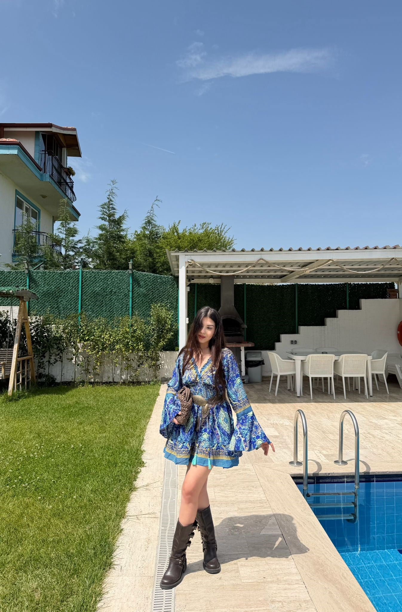 Paloma Etnik Desen İspanyol Kol Bohem Mini Elbise Mavi