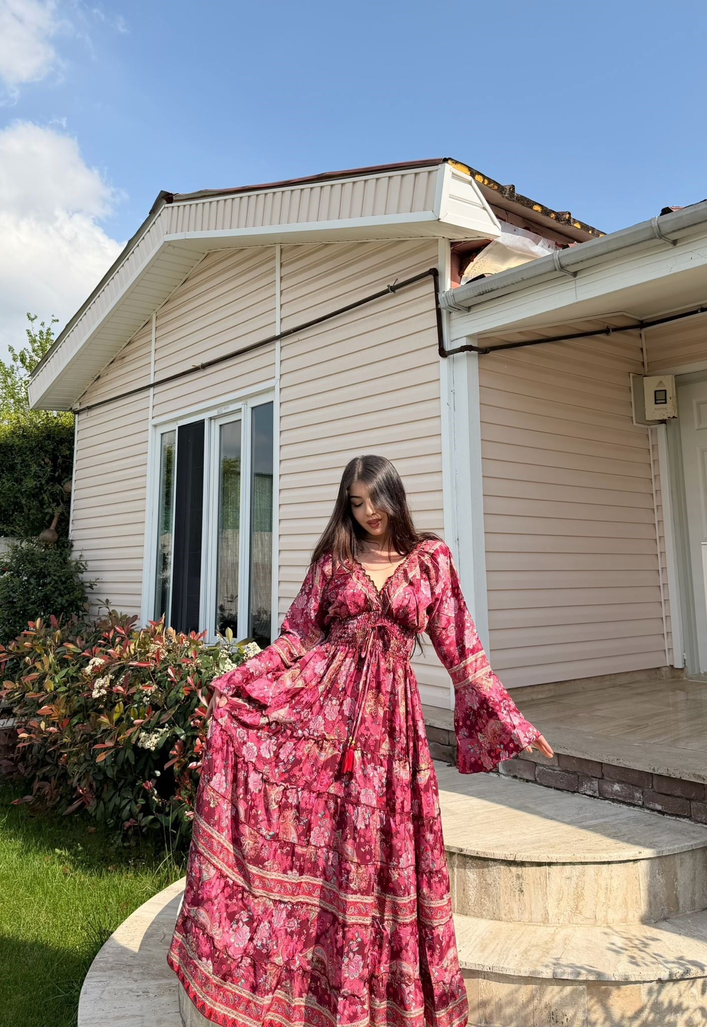 Paloma Etnik Desen İspanyol Kol Bohem Uzun Elbise Bordo