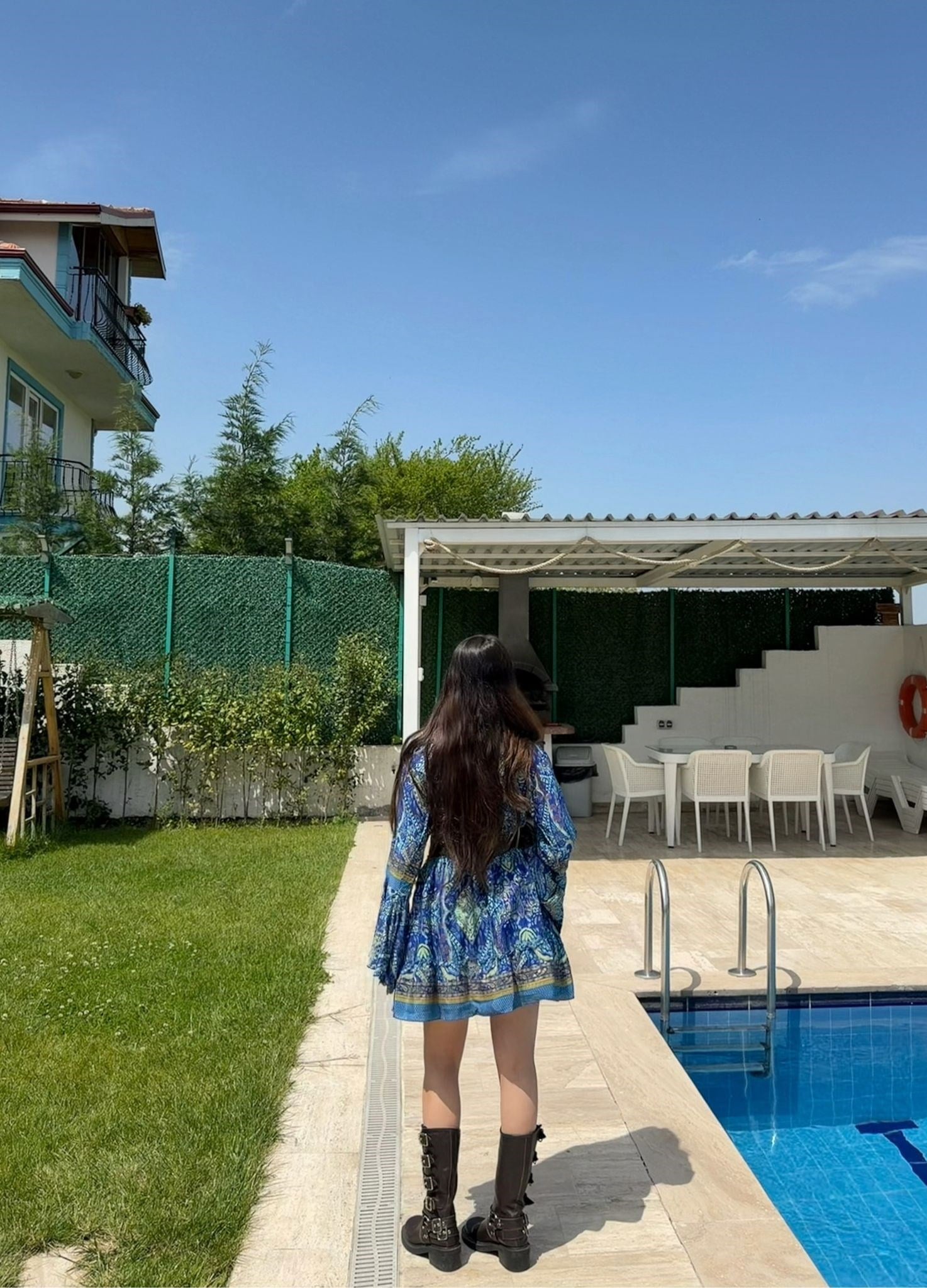 Paloma Etnik Desen İspanyol Kol Bohem Mini Elbise Mavi