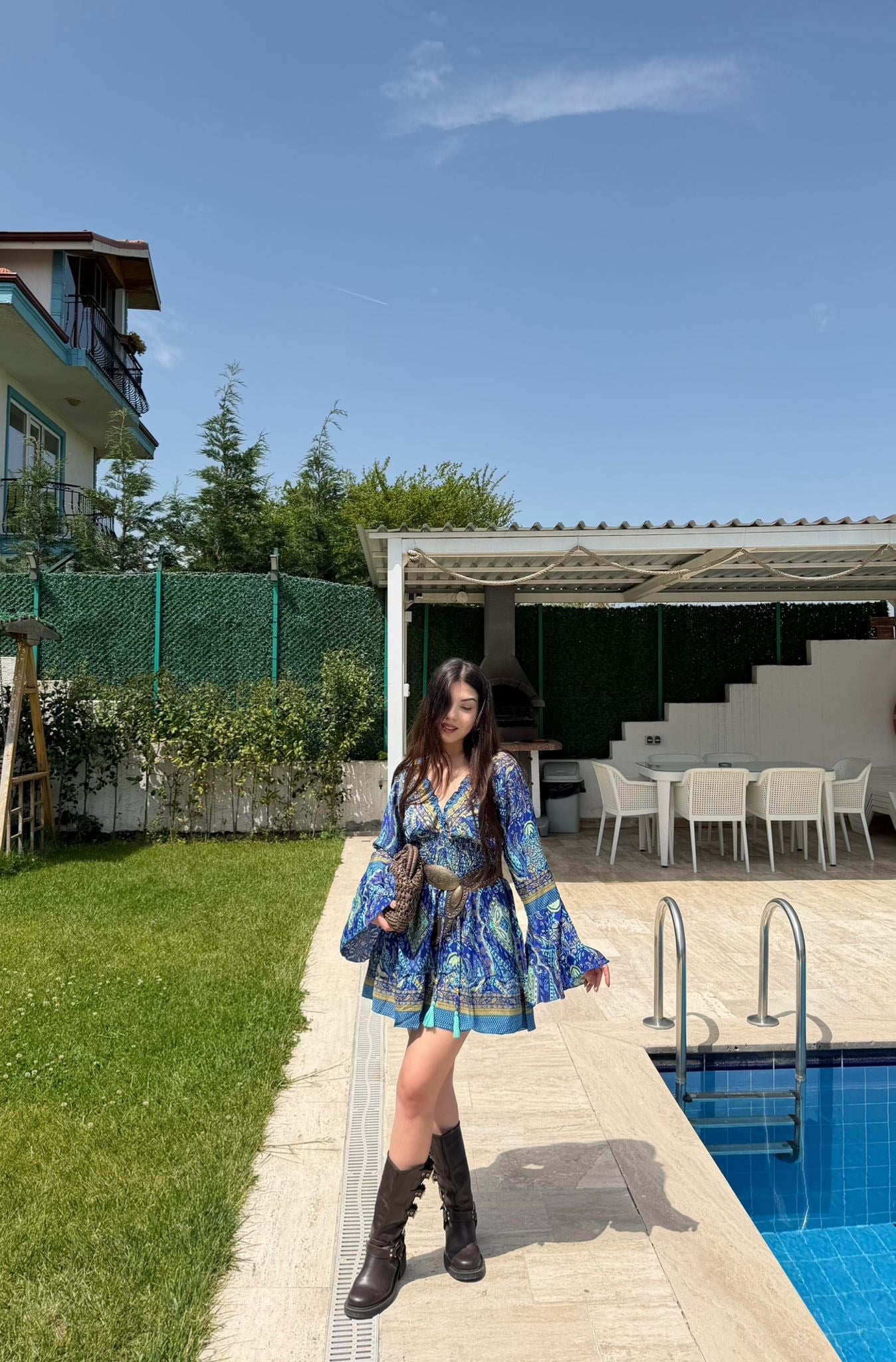 Paloma Etnik Desen İspanyol Kol Bohem Mini Elbise Mavi