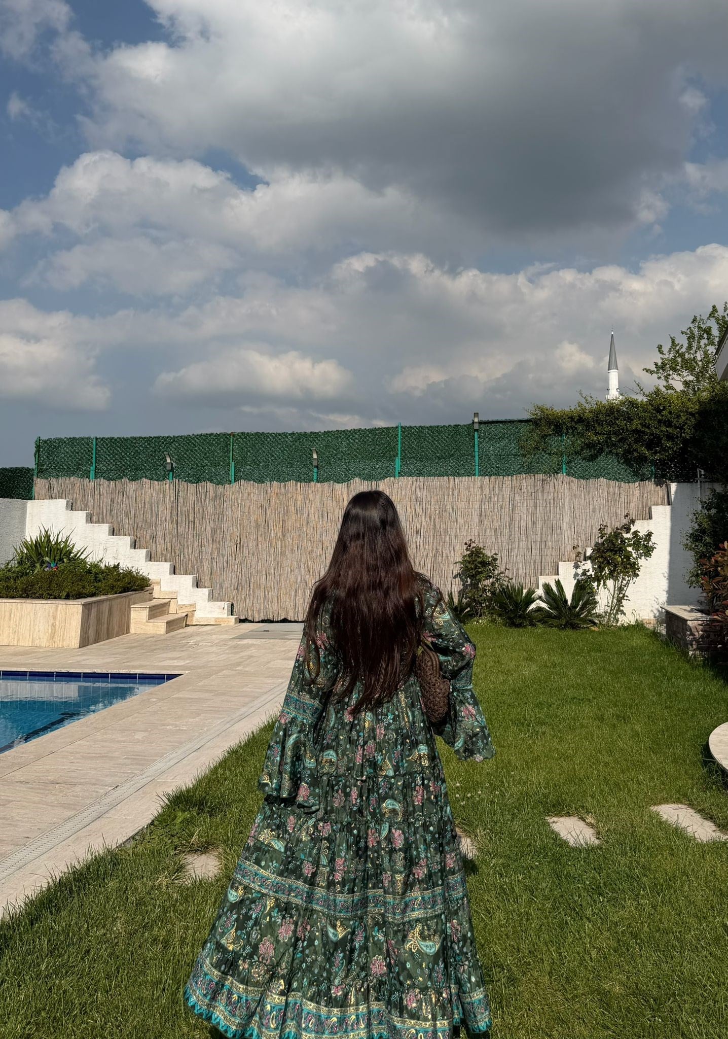 Paloma Etnik Desen İspanyol Kol Bohem Uzun Elbise Yeşil