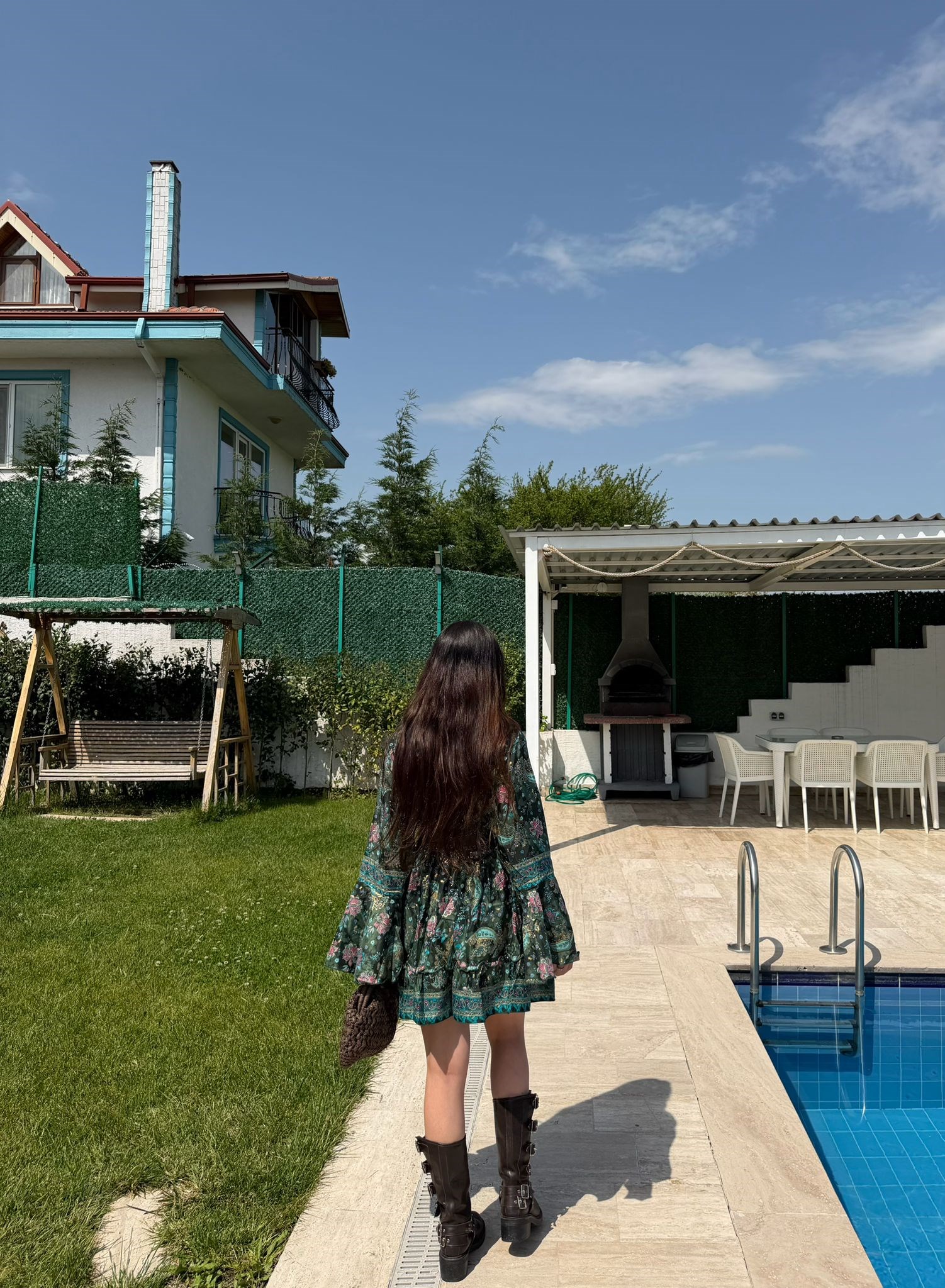 Paloma Etnik Desen İspanyol Kol Bohem Mini Elbise Yeşil