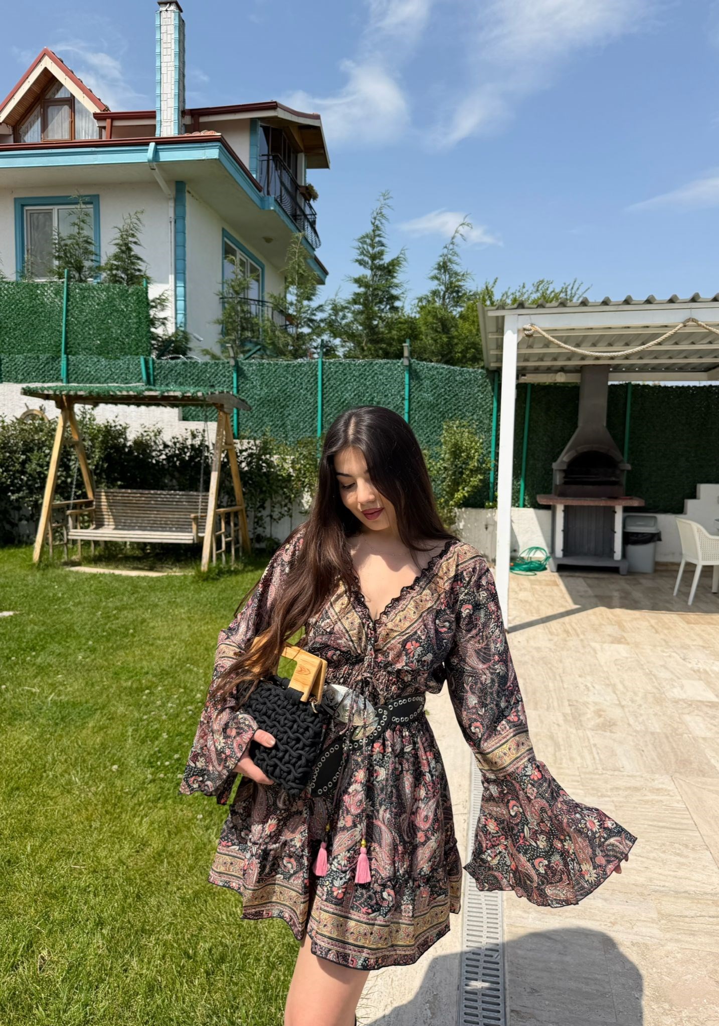 Paloma Etnik Desen İspanyol Kol Bohem Mini Elbise Siyah