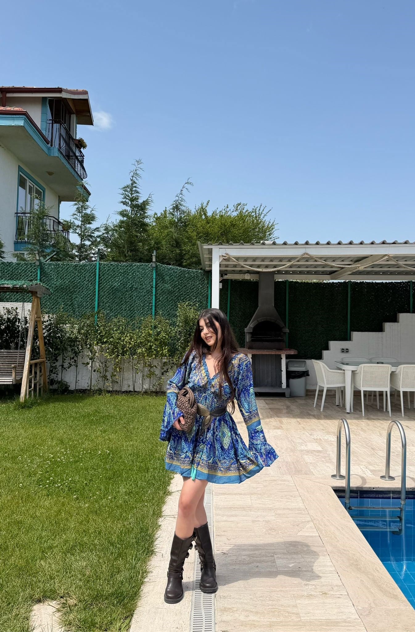 Paloma Etnik Desen İspanyol Kol Bohem Mini Elbise Mavi