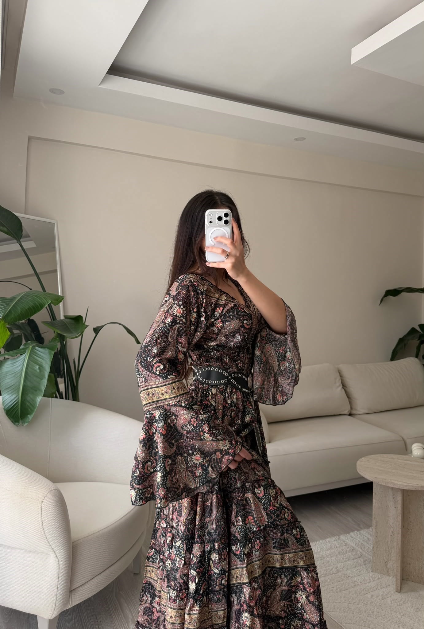 Paloma Etnik Desen İspanyol Kol Bohem Uzun Elbise Siyah