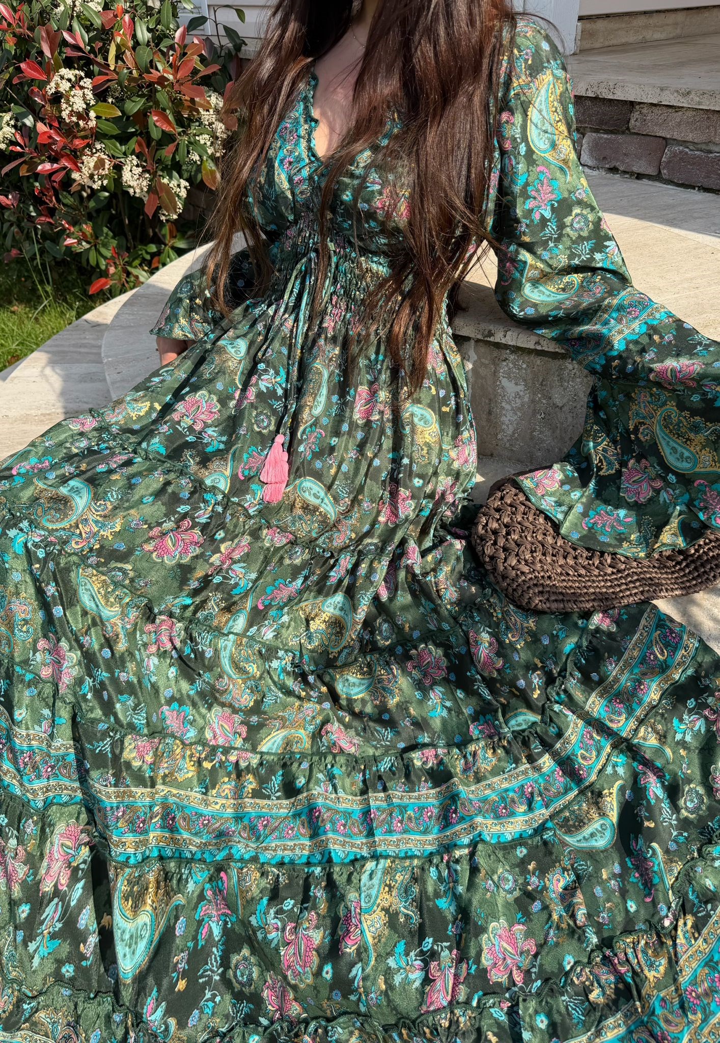 Paloma Etnik Desen İspanyol Kol Bohem Uzun Elbise Yeşil