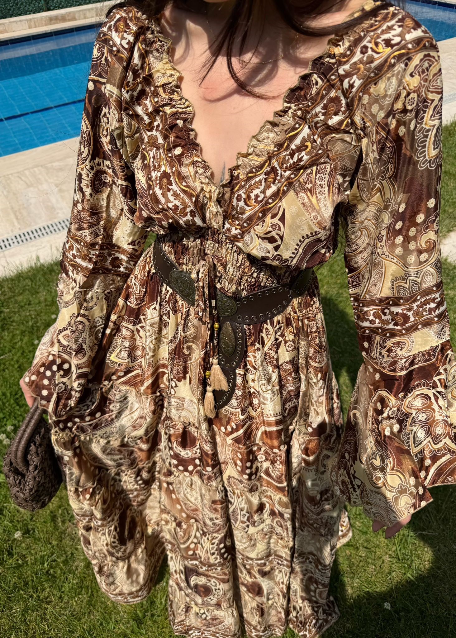 Paloma Etnik Desen İspanyol Kol Bohem Uzun Elbise Kahve
