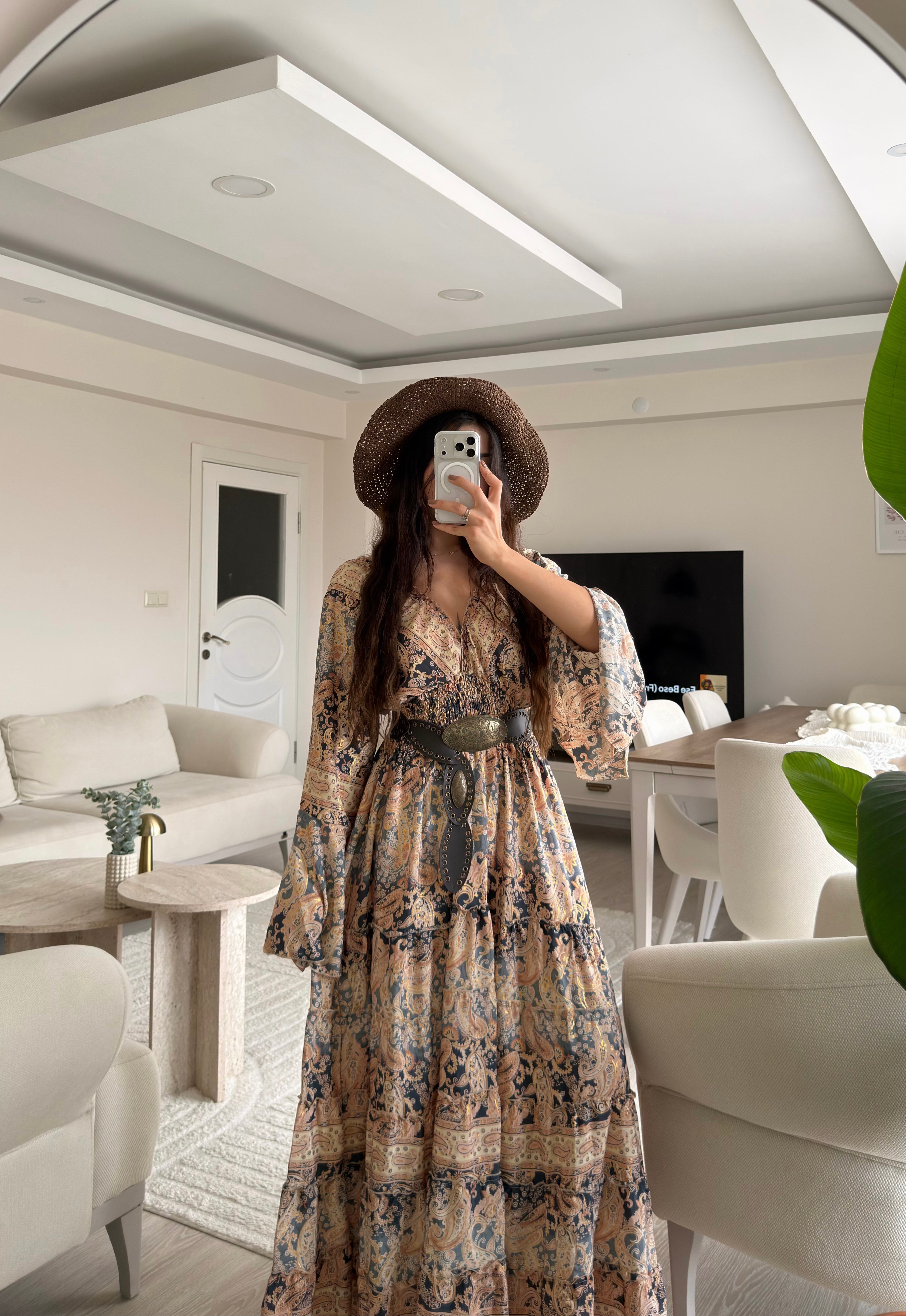 Paloma Etnik Desen İspanyol Kol Bohem Uzun Elbise Çok Renkli