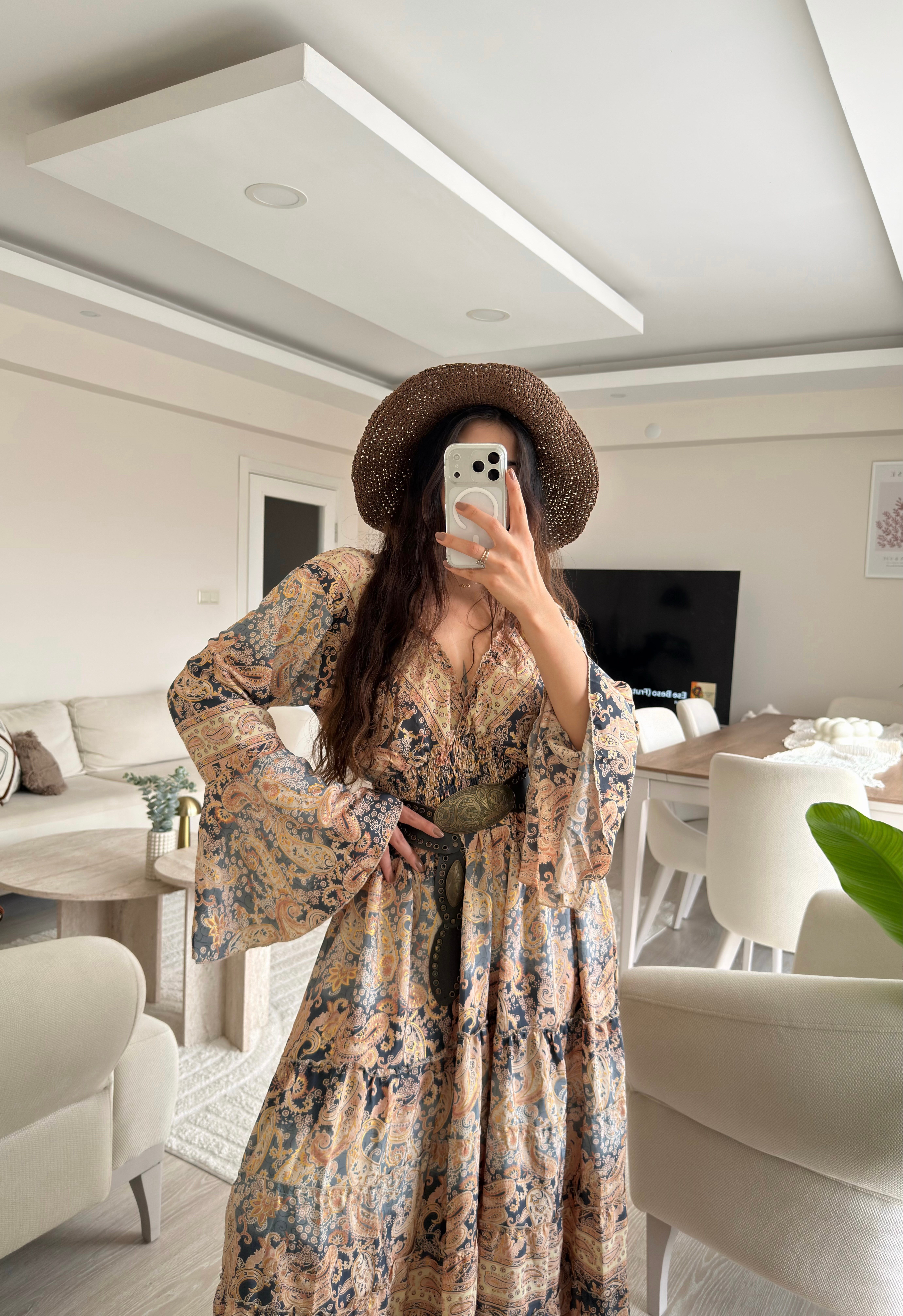 Paloma Etnik Desen İspanyol Kol Bohem Uzun Elbise Çok Renkli