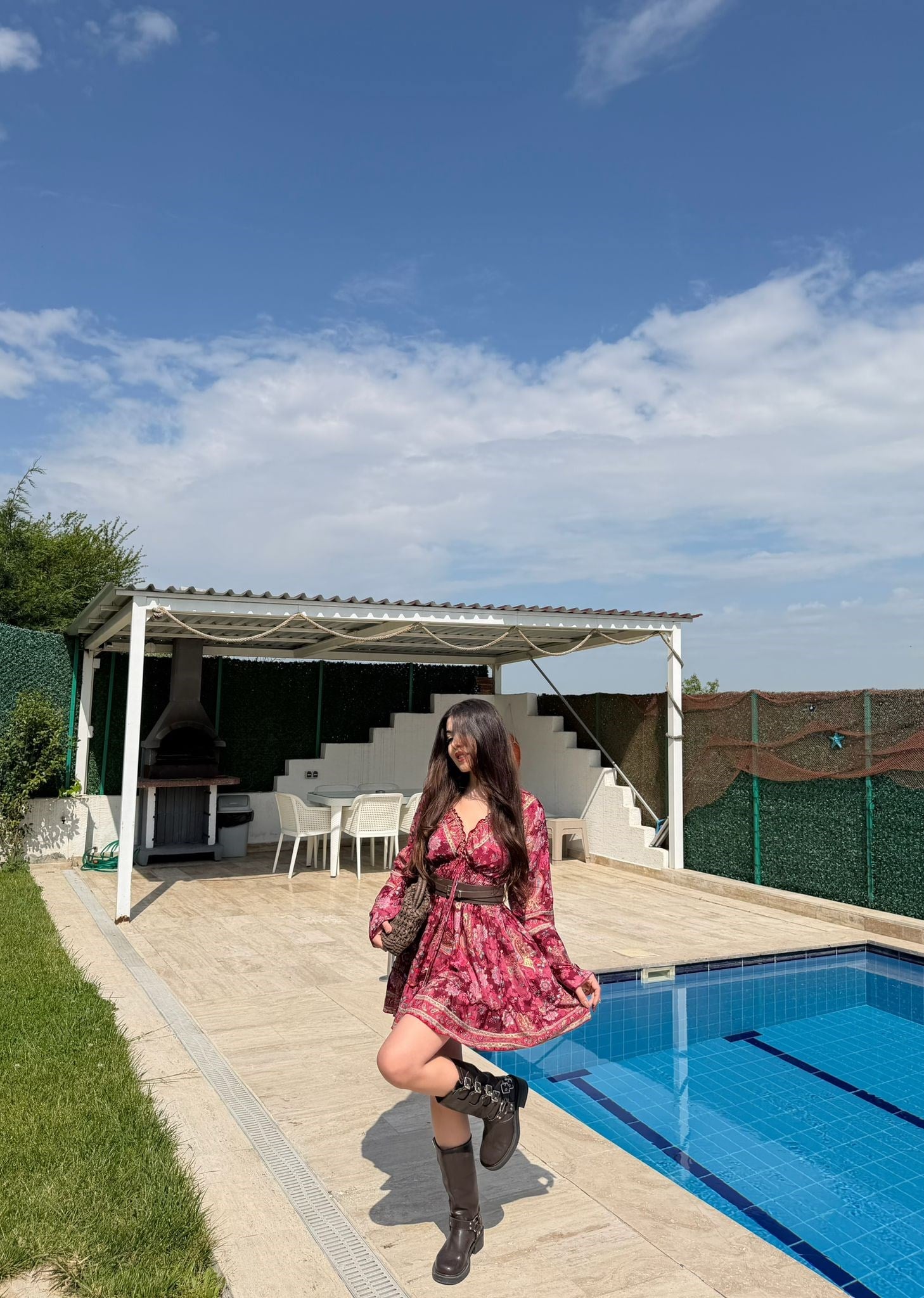 Paloma Etnik Desen İspanyol Kol Bohem Mini Elbise Bordo