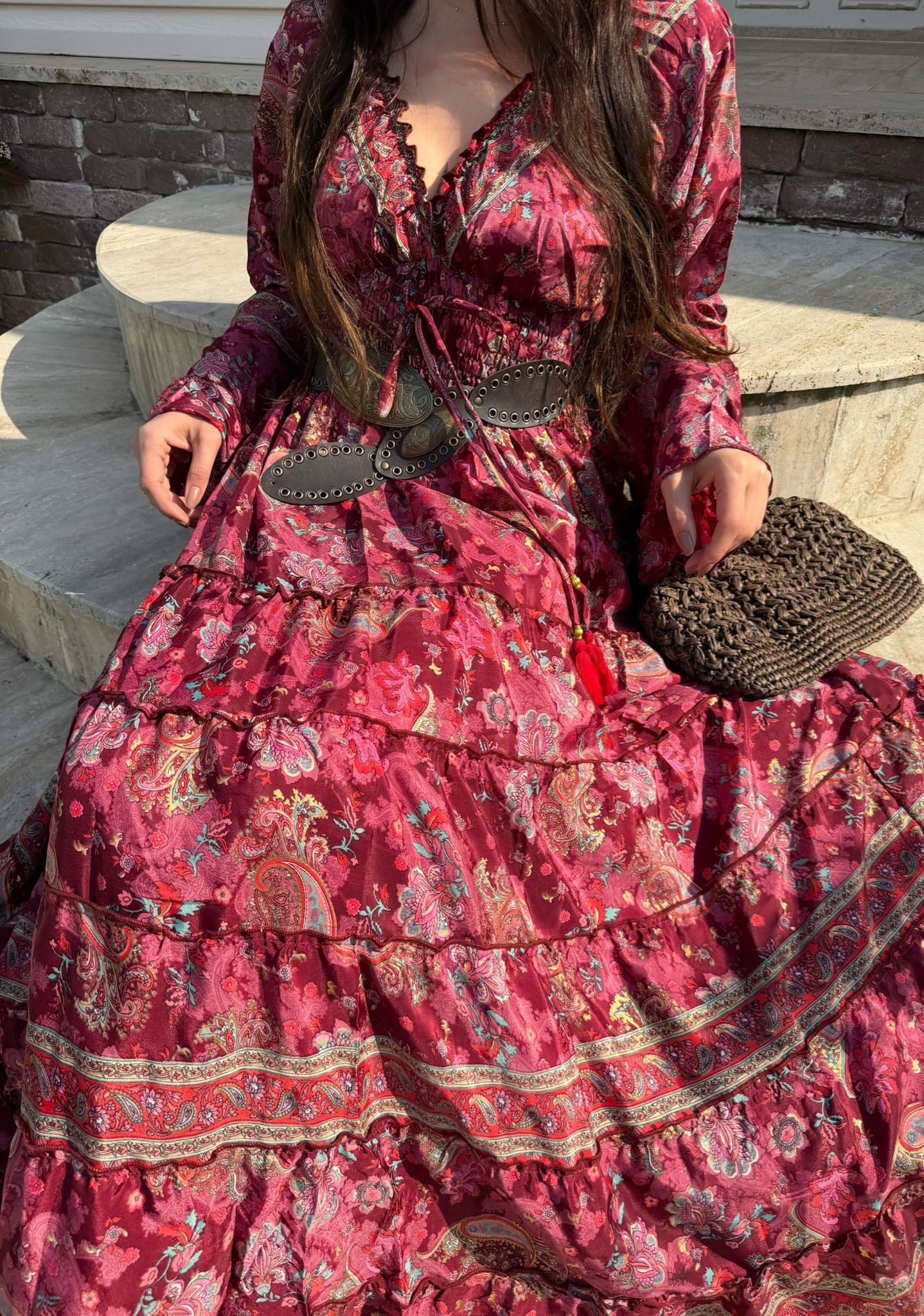 Paloma Etnik Desen İspanyol Kol Bohem Uzun Elbise Bordo