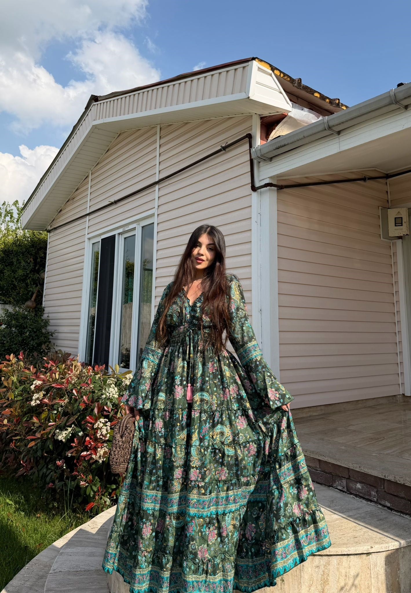 Paloma Etnik Desen İspanyol Kol Bohem Uzun Elbise Yeşil