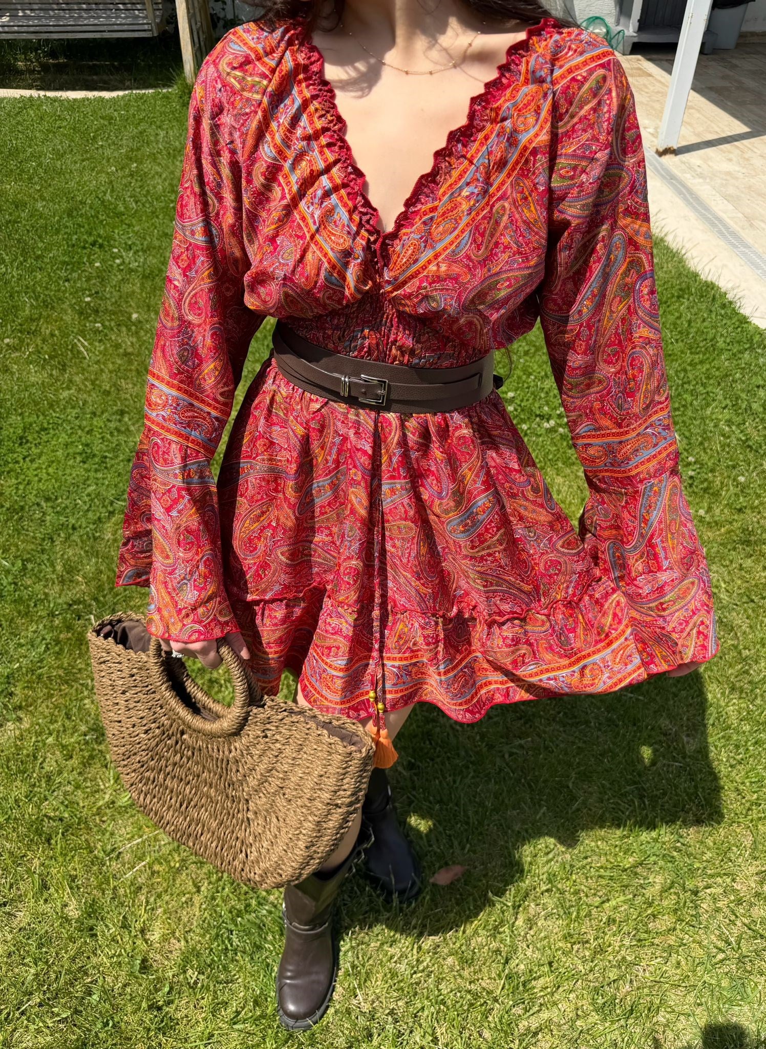 Paloma Etnik Desen İspanyol Kol Bohem Mini Elbise Kırmızı