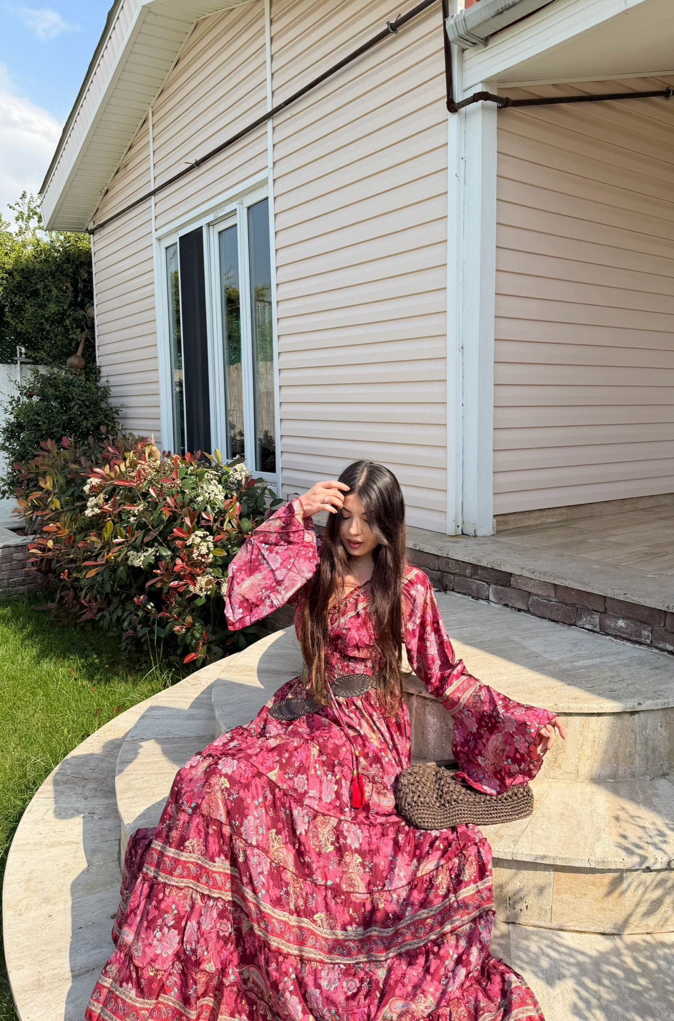 Paloma Etnik Desen İspanyol Kol Bohem Uzun Elbise Bordo