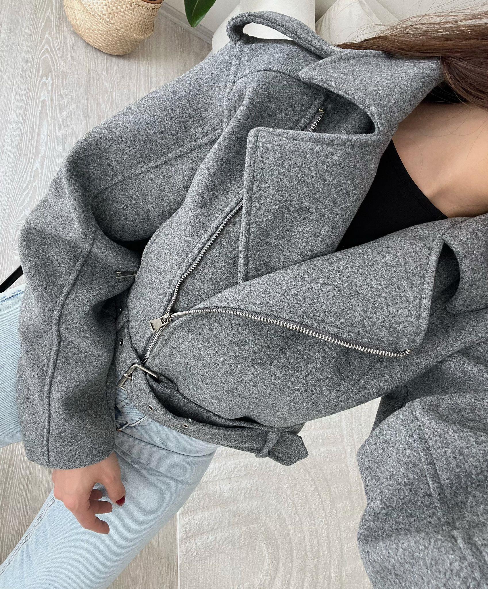Paula Premium Kaşe Biker Ceket Gri