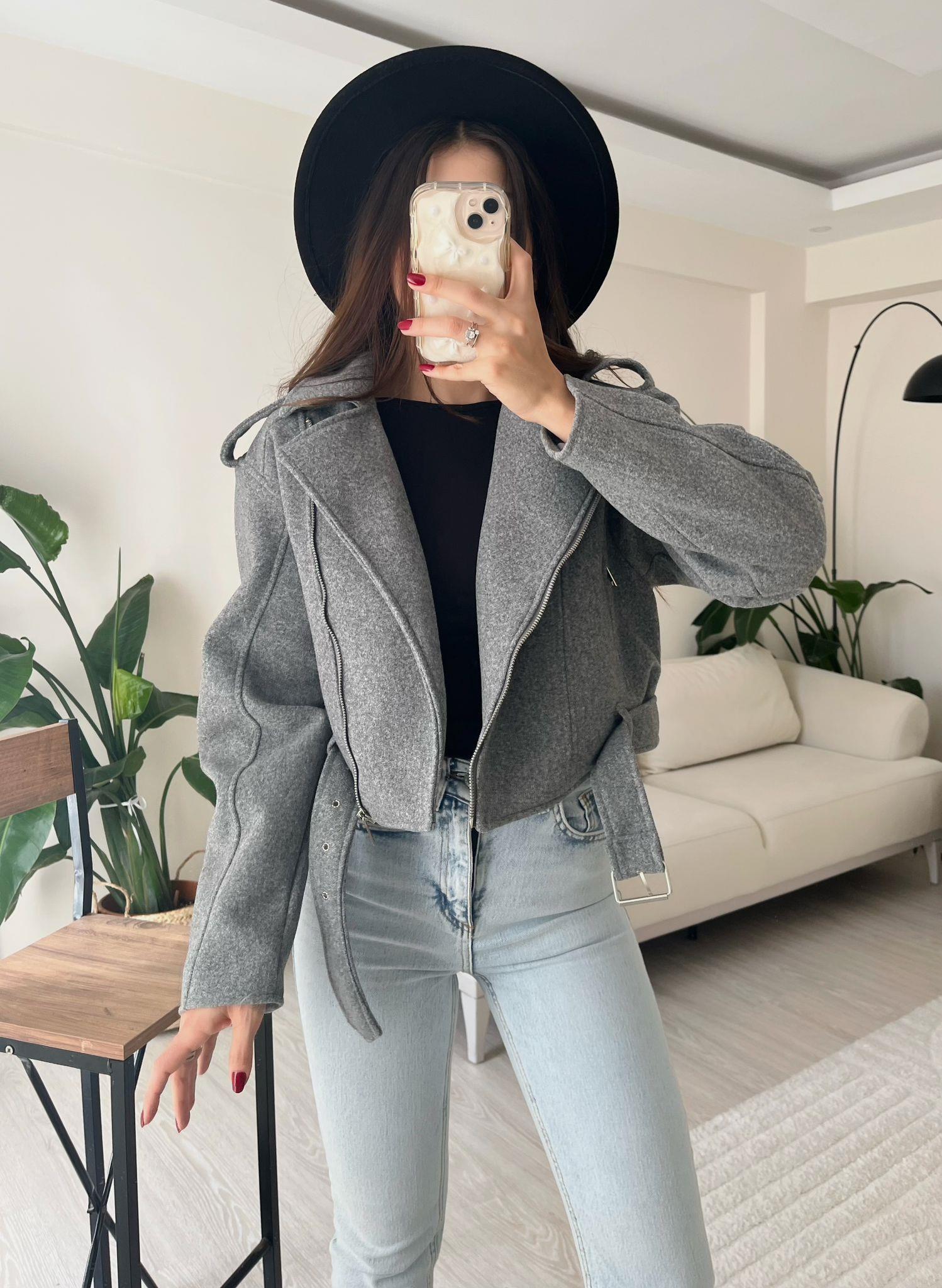 Paula Premium Kaşe Biker Ceket Gri
