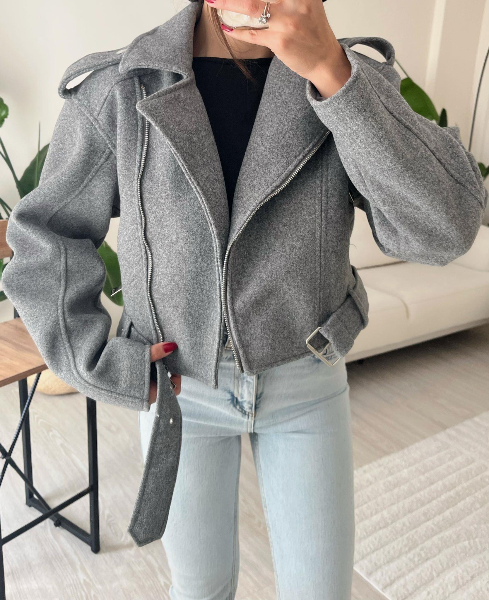 Paula Premium Kaşe Biker Ceket Gri
