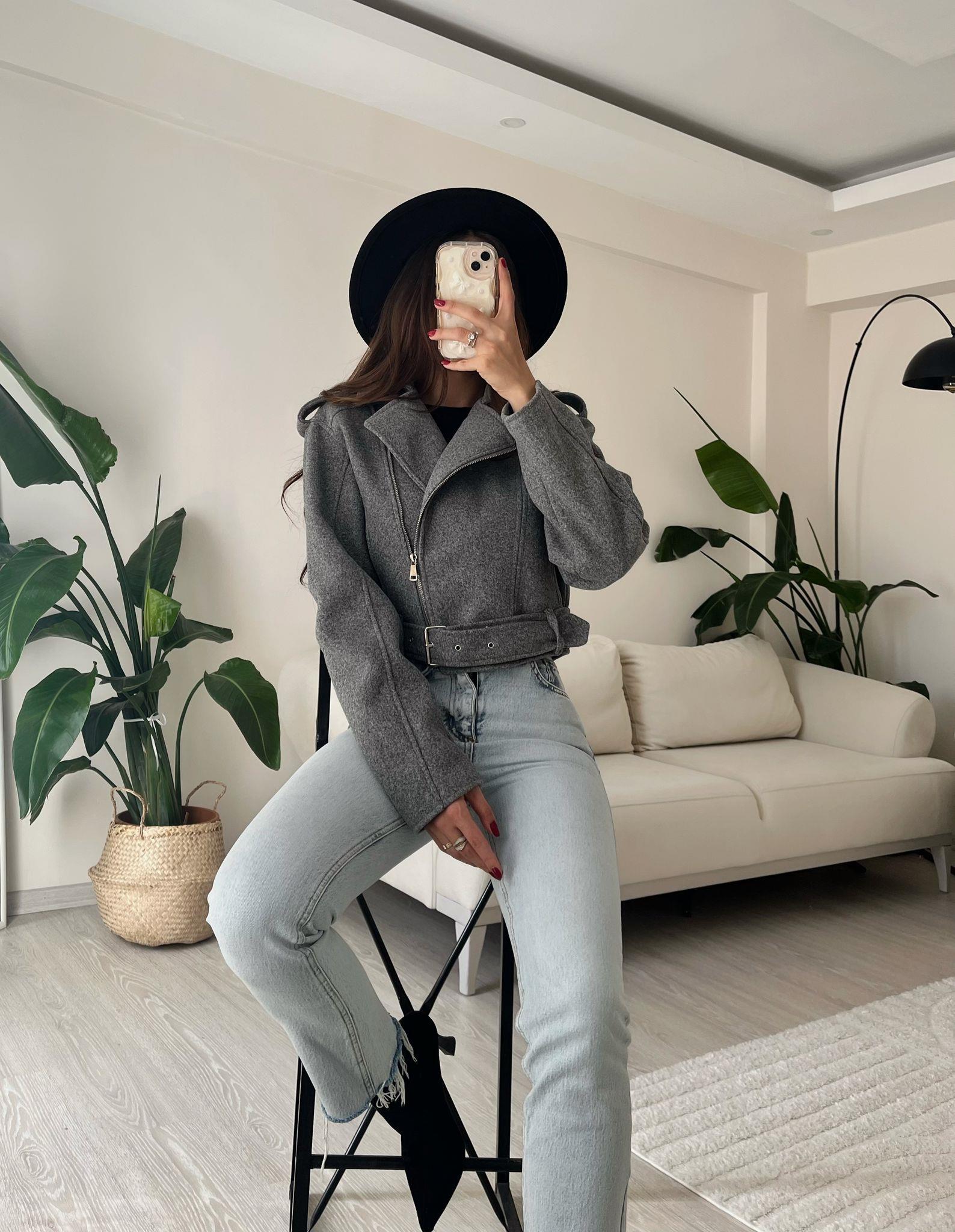 Paula Premium Kaşe Biker Ceket Gri