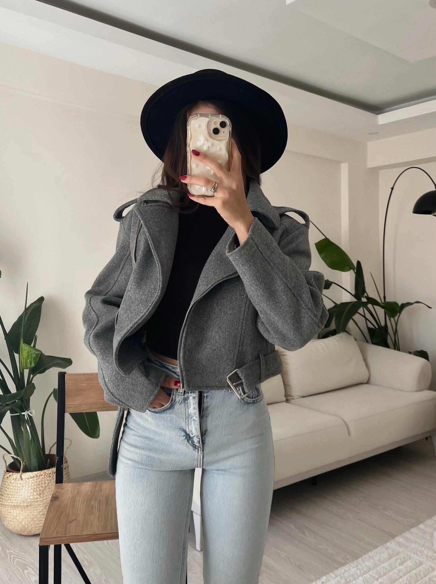 Paula Premium Kaşe Biker Ceket Gri